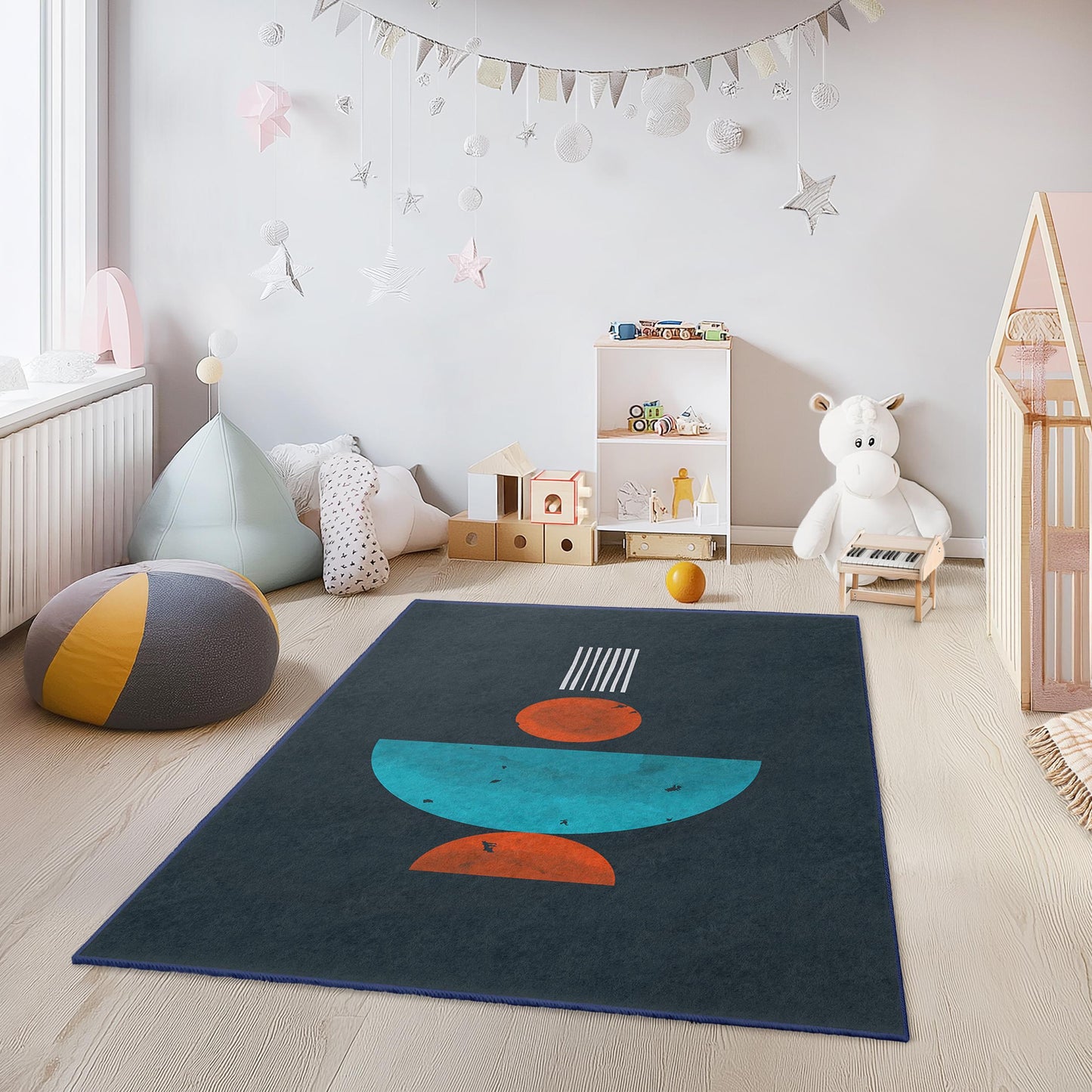 Rechteckiger Kinderteppich mit abstraktem geometrischem Muster, farbenfroher Spielzimmerteppich, moderne Kinderzimmerdekoration, Teppich für das Kinderzimmer