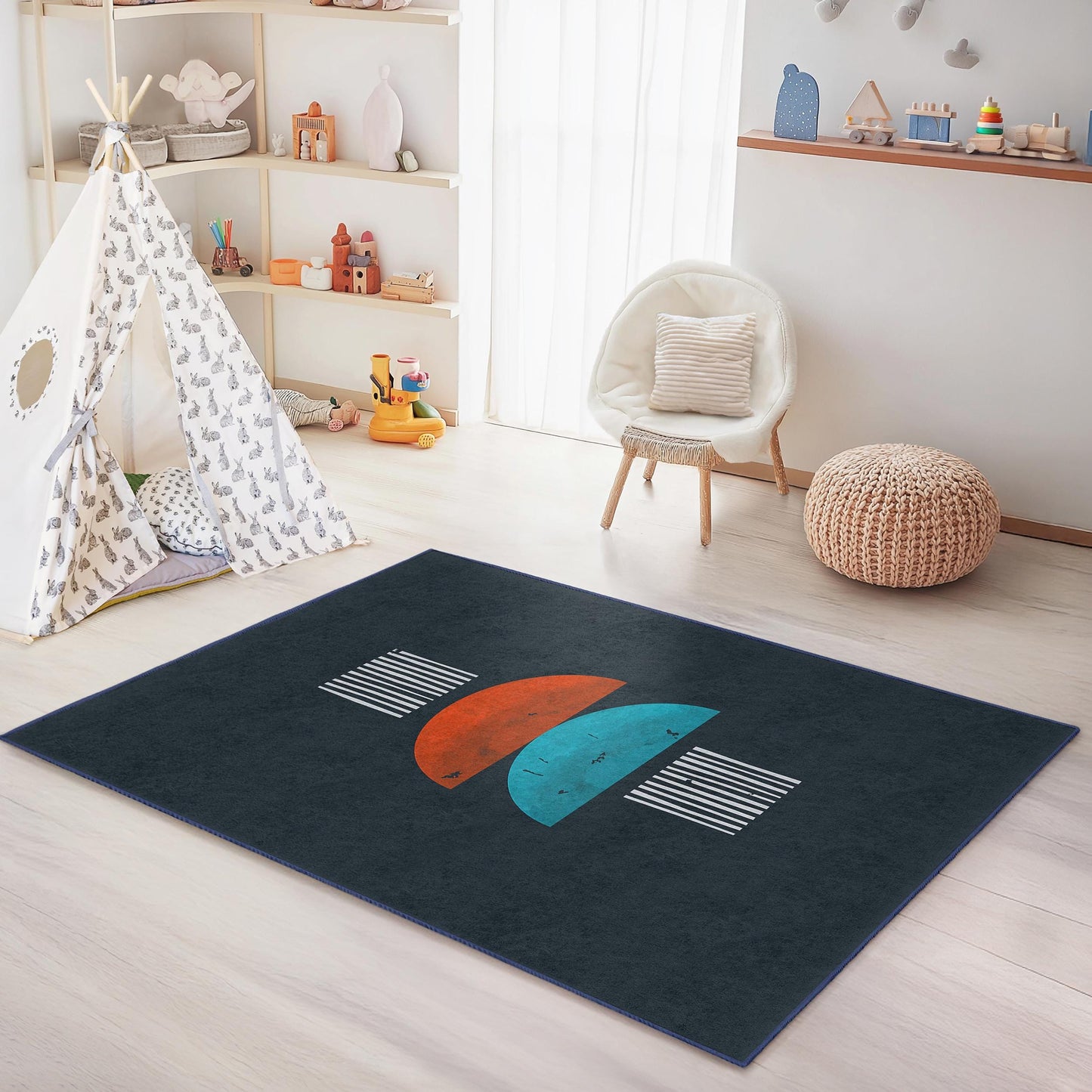 Geometrisch-abstrakter rechteckiger Kinderteppich, farbenfroher Kinderteppich, Spielzimmerdekoration, Kinderzimmerteppich, moderne Kinderzimmermatte