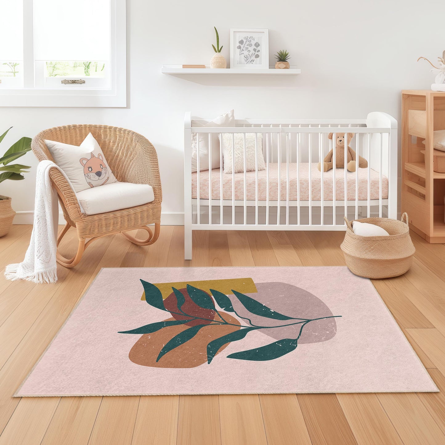Rechteckiger Teppich mit abstraktem Blattmuster, moderner Teppich mit Pflanzenmotiv, dekorative Fußmatte für Kinderzimmer, Babyzimmer und Wohnzimmer