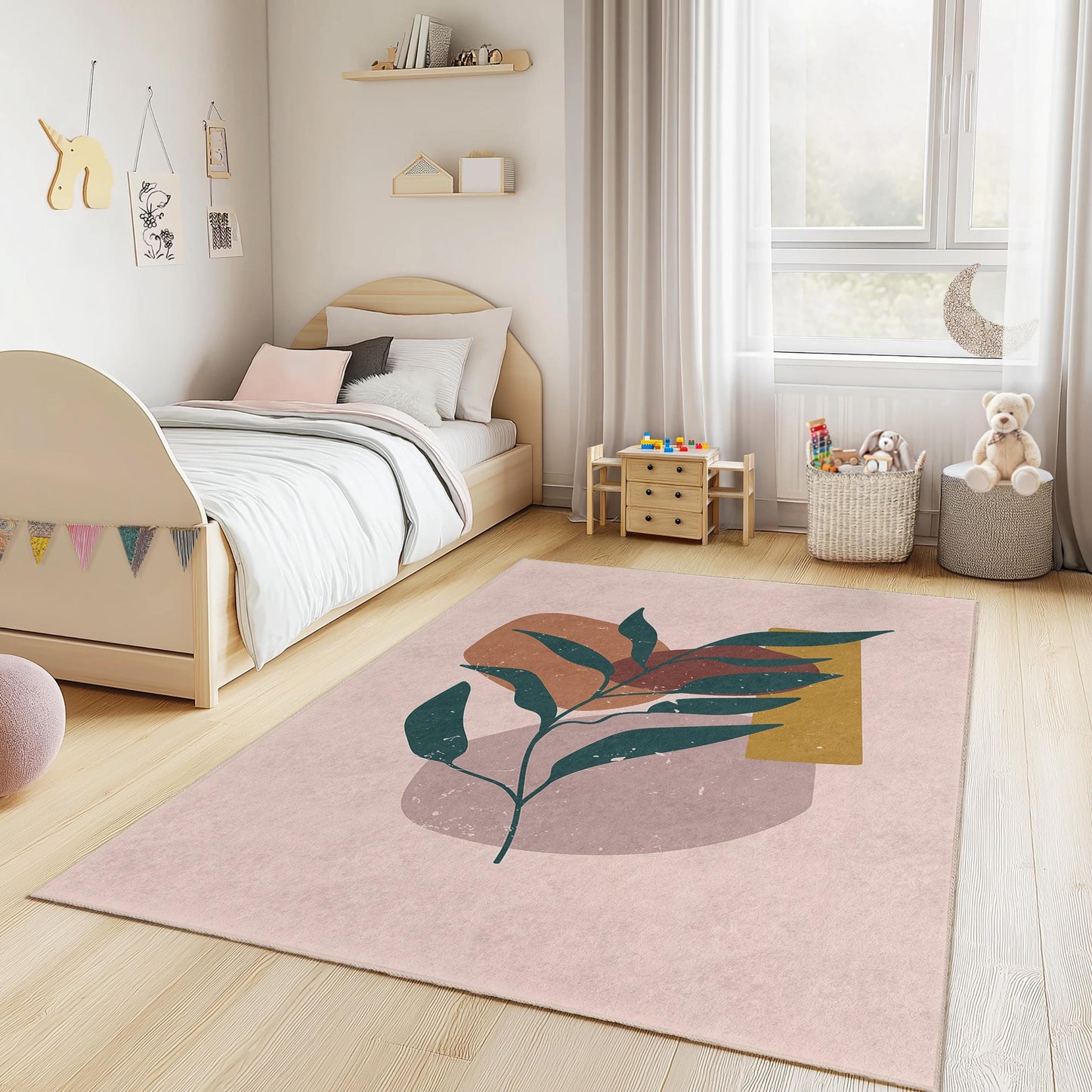 Rechteckiger Teppich mit abstraktem Blattmuster, moderner Teppich mit Pflanzenmotiv, dekorative Fußmatte für Kinderzimmer, Babyzimmer und Wohnzimmer
