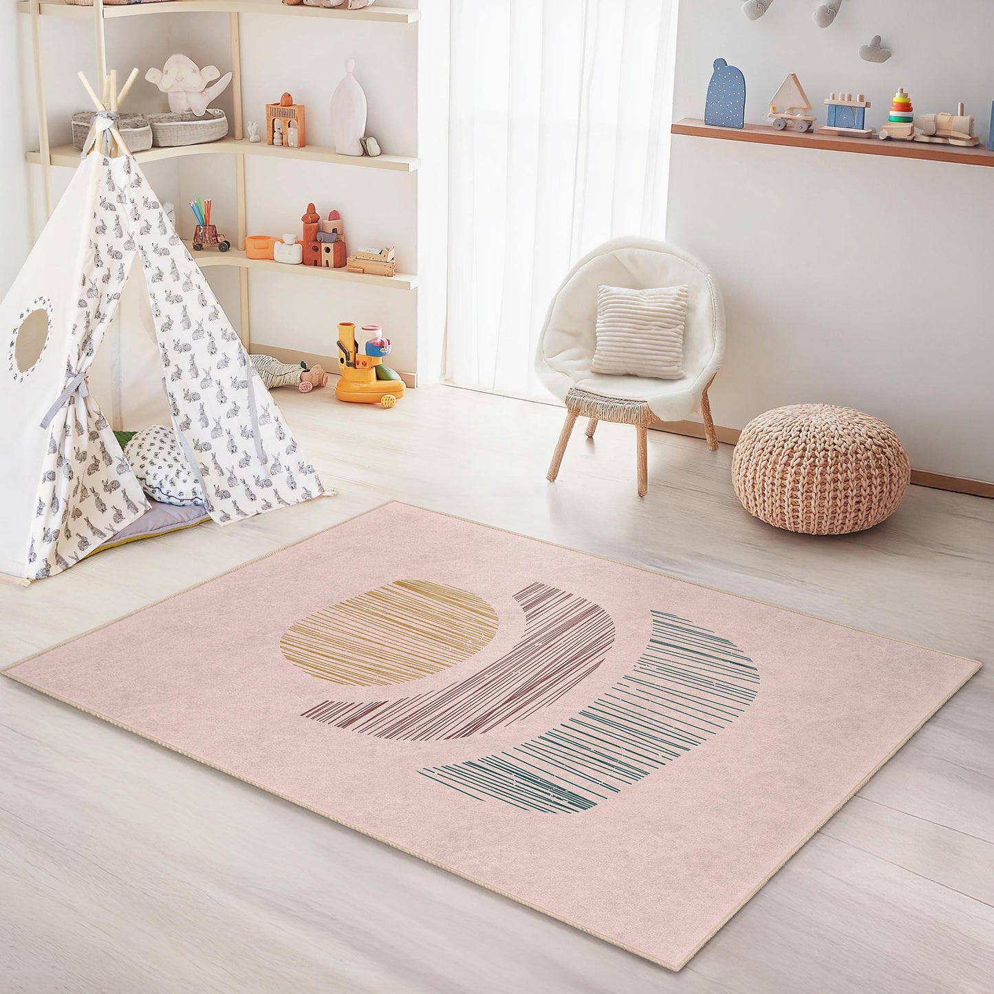 Rechteckiger Kinderteppich mit abstraktem geometrischem Muster, moderner Spielzimmerteppich, stilvolle Kinderzimmerdekoration, weicher Teppich für Kinder