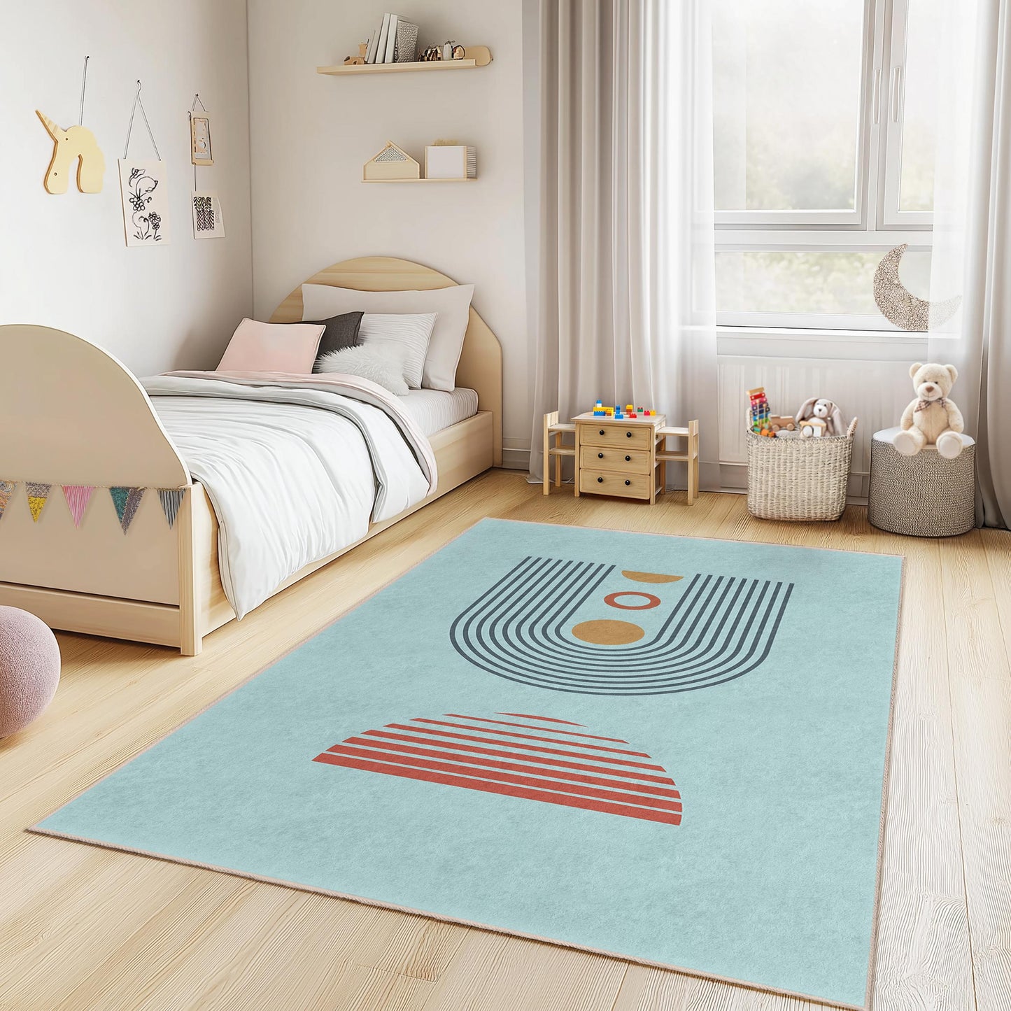 Rechteckiger Kinderteppich mit geometrischem Muster, moderner Spielzimmerteppich, stilvoller Teppich fürs Kinderzimmer, Kinderzimmerdekoration