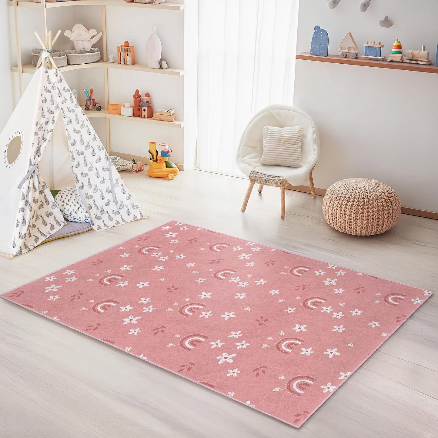 Rechteckiger Kinderteppich mit Regenbogen- und Blumenmuster, weicher Spielzimmerteppich, Kinderzimmerdekoration, niedlicher Regenbogenteppich fürs Kinderzimmer
