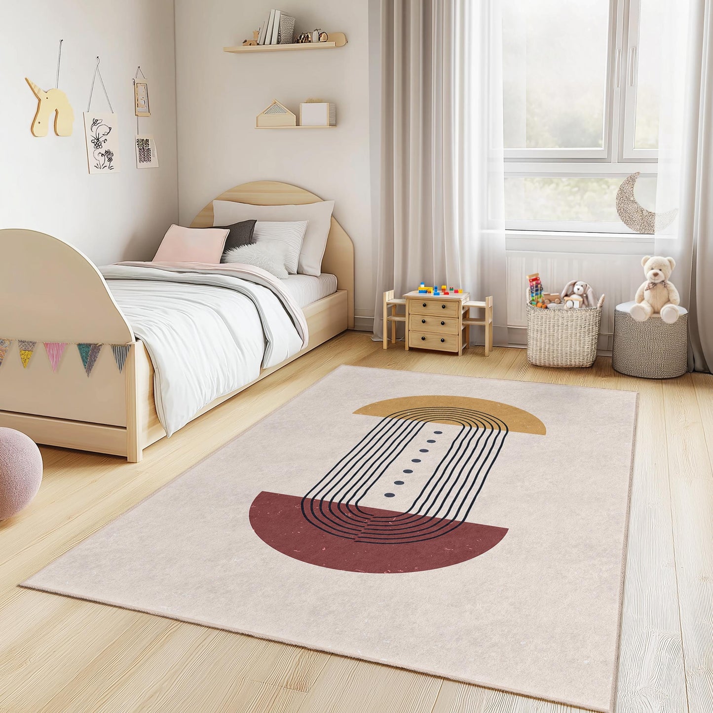 Abstrakter geometrischer rechteckiger Kinderteppich, moderner Kunstteppich, stilvolle Kinderzimmerdekoration, Spielzimmerteppich, Babyzimmerteppich
