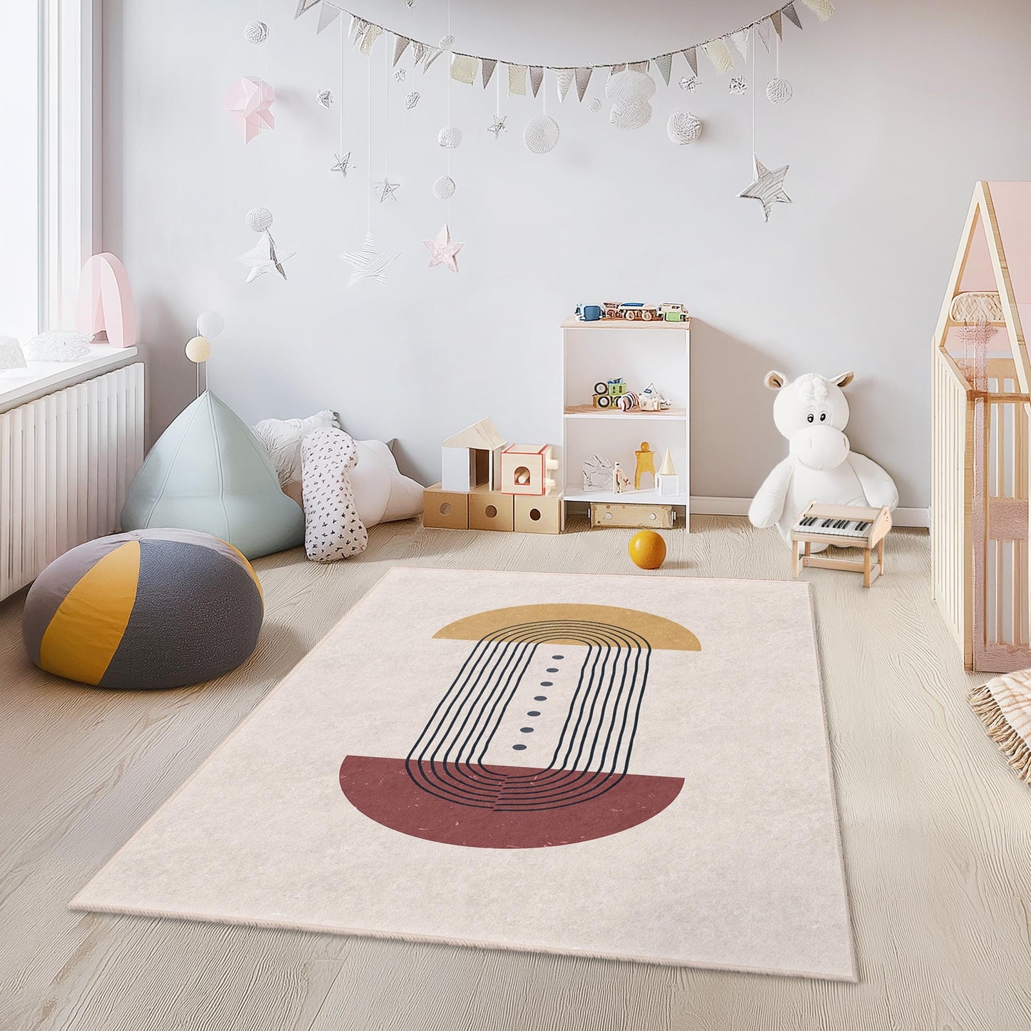 Abstrakter geometrischer rechteckiger Kinderteppich, moderner Kunstteppich, stilvolle Kinderzimmerdekoration, Spielzimmerteppich, Babyzimmerteppich