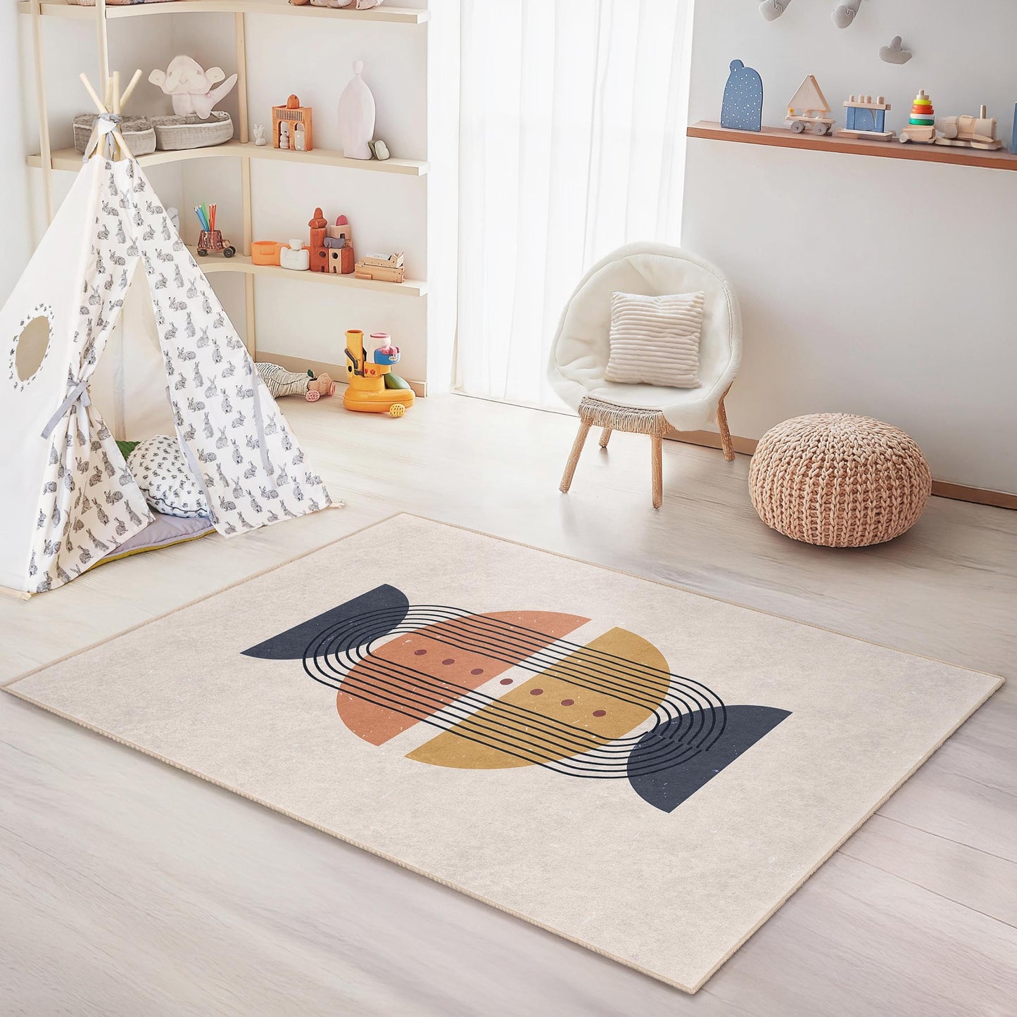 Rechteckiger Kinderteppich mit geometrischen Linien, moderner abstrakter Kinderzimmerteppich, stilvoller Kinderzimmerteppich, Spielzimmerdekoration für Kinder