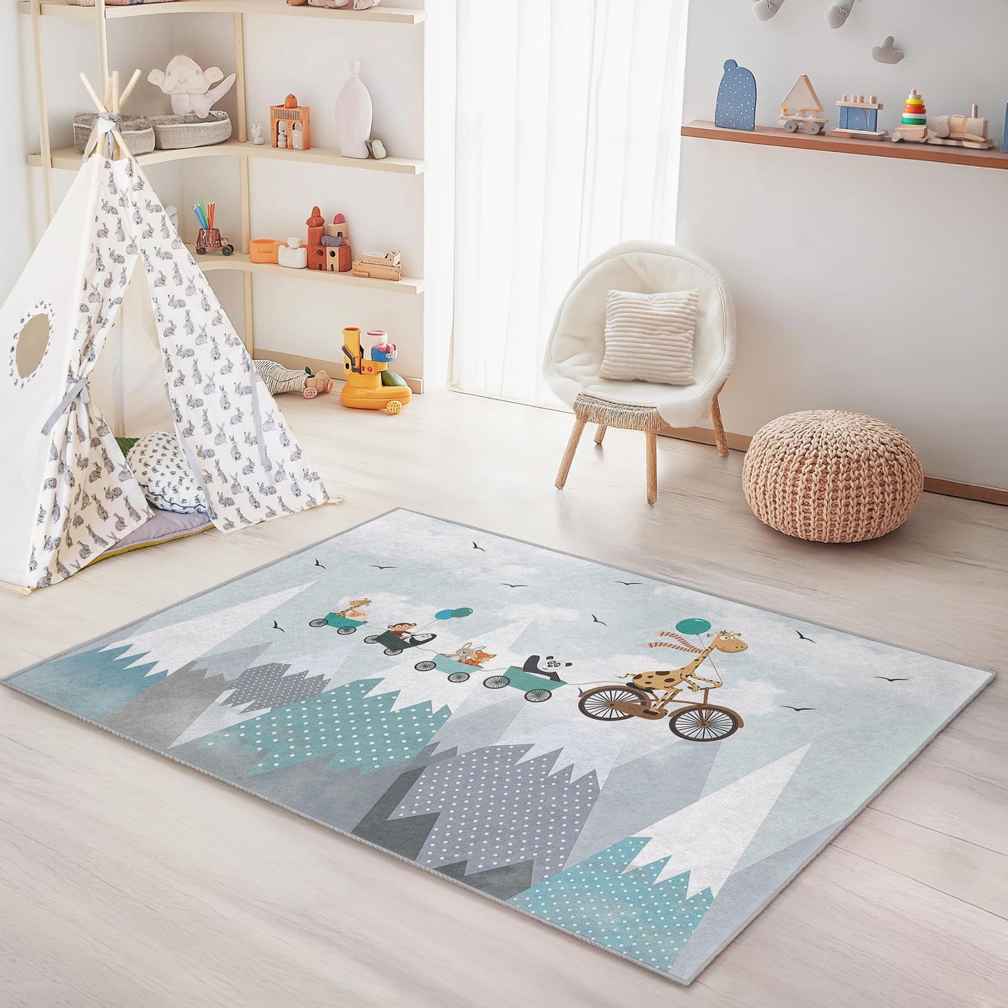 Kinderteppich „Tierparade“, rechteckiger Spielzimmerteppich, Teppich mit niedlichem Tiermotiv, weiche Kinderzimmerdekoration, Spielmatte für Kleinkinderzimmer