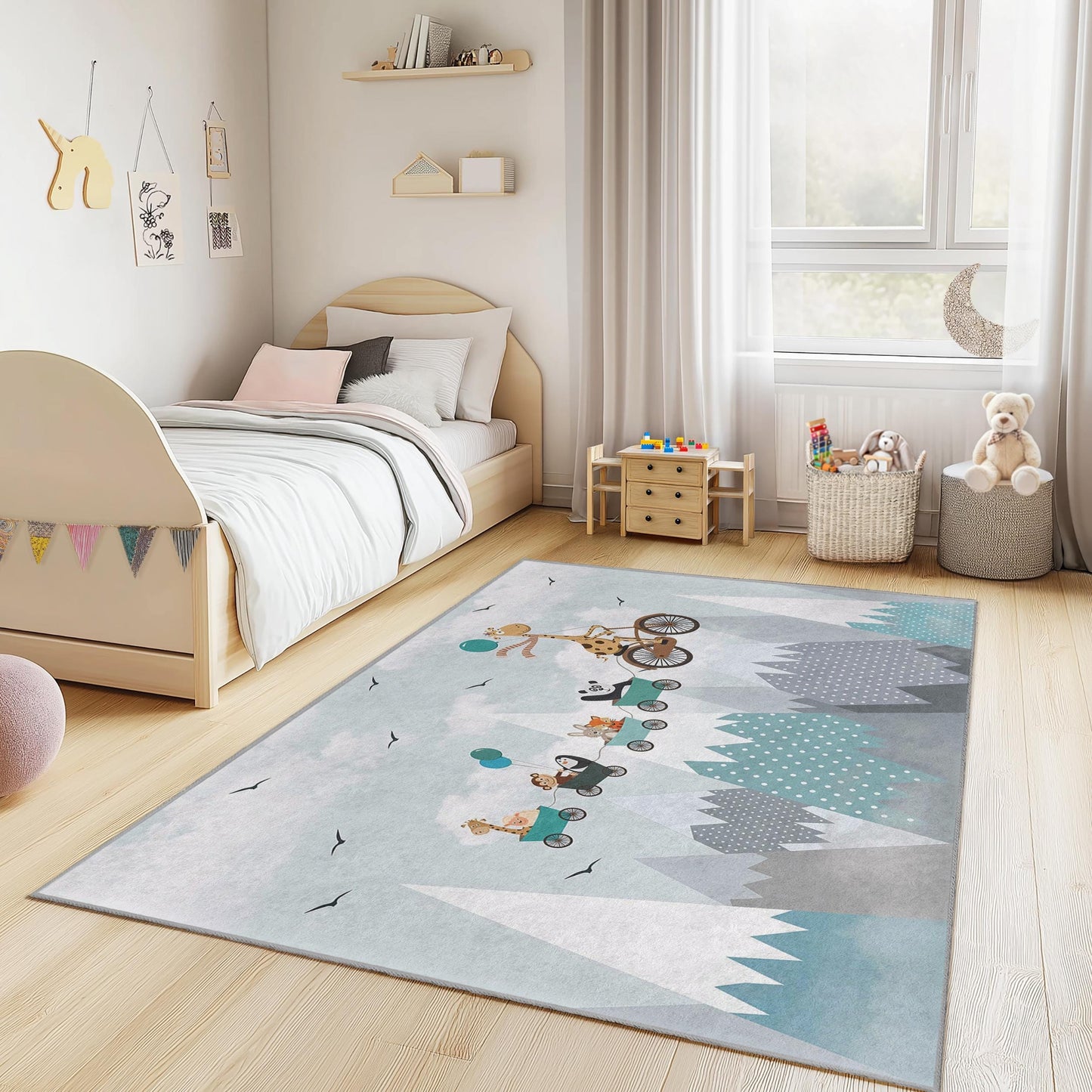 Kinderteppich „Tierparade“, rechteckiger Spielzimmerteppich, Teppich mit niedlichem Tiermotiv, weiche Kinderzimmerdekoration, Spielmatte für Kleinkinderzimmer