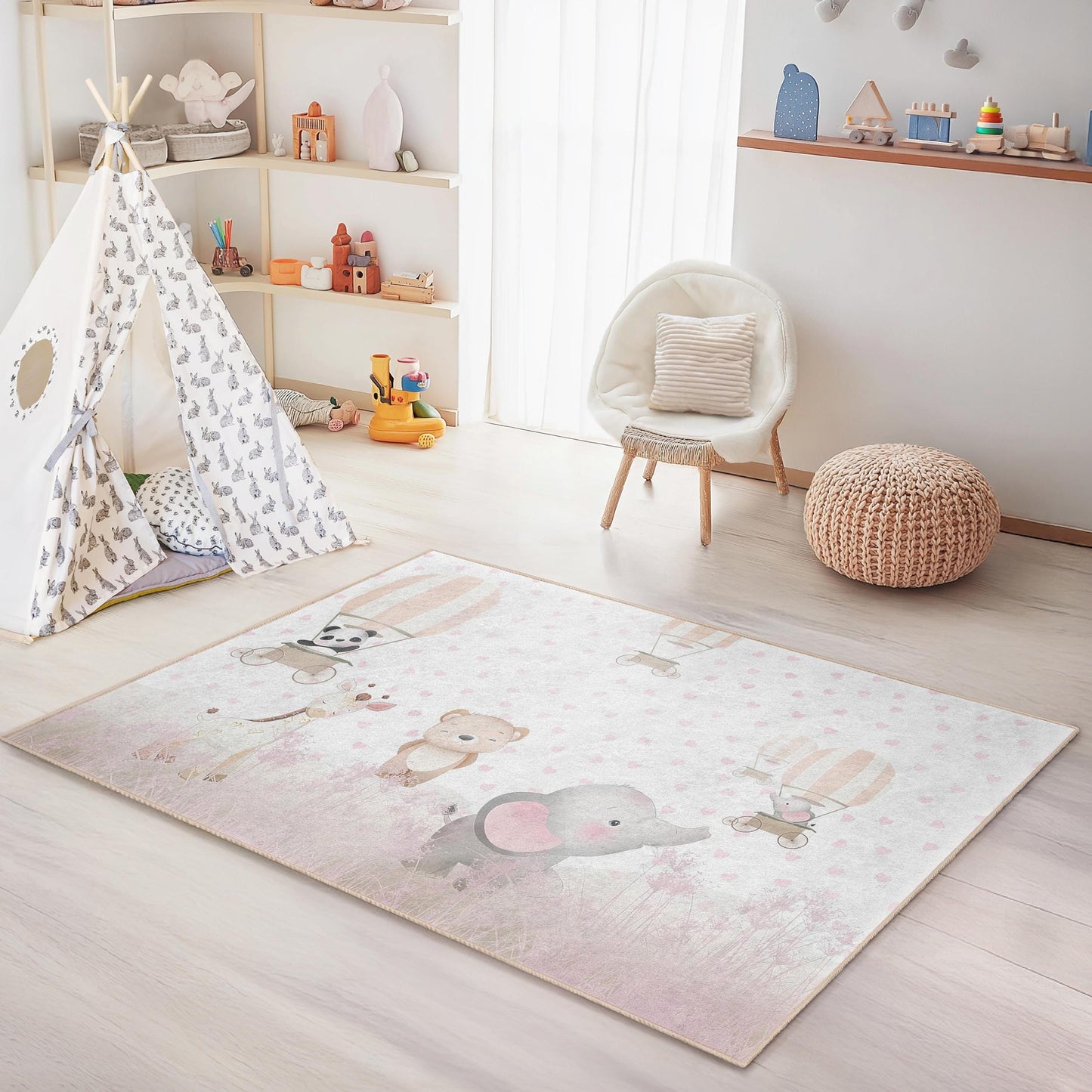 Niedlicher rechteckiger Kinderteppich mit Tierballonmotiv, bezaubernder Kinderzimmerteppich, Babyzimmerdekoration, weiche Spielmatte für Kinder, Kinderzimmerteppich