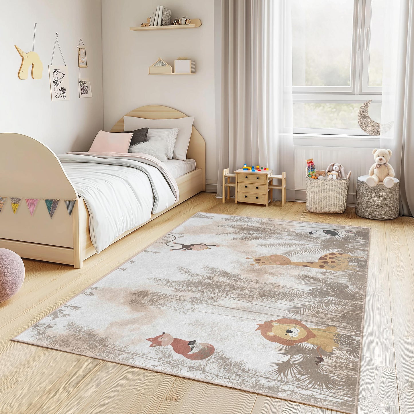 Dschungelabenteuer-Kinderteppich, rechteckiger Teppich mit Tiermotiven, Safari-Teppich, Kinderzimmerdeko, weicher Spielzimmerteppich, Kinderzimmeraccessoires