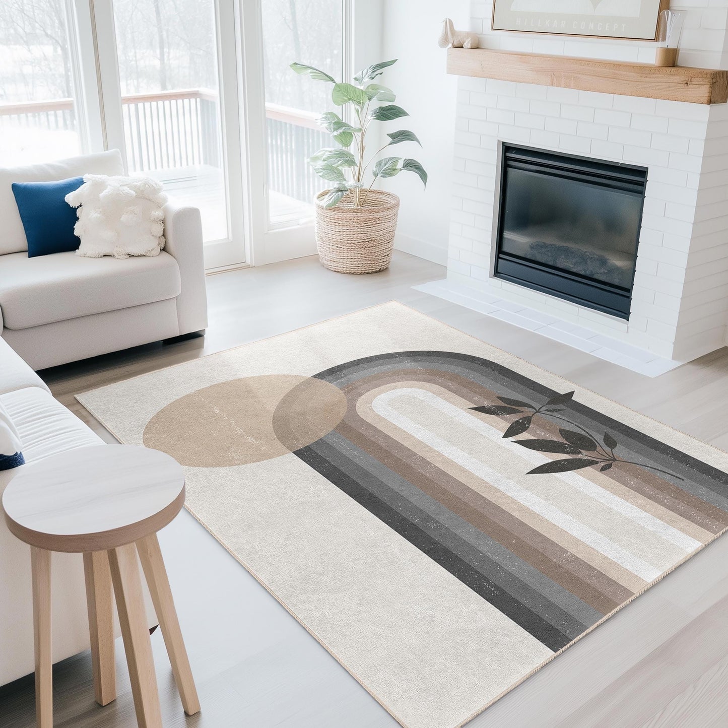 Eleganter rechteckiger Boho-Teppich, moderner abstrakter Teppich, Teppich mit Blättermuster, Wohnzimmerdeko, Wohnaccessoire