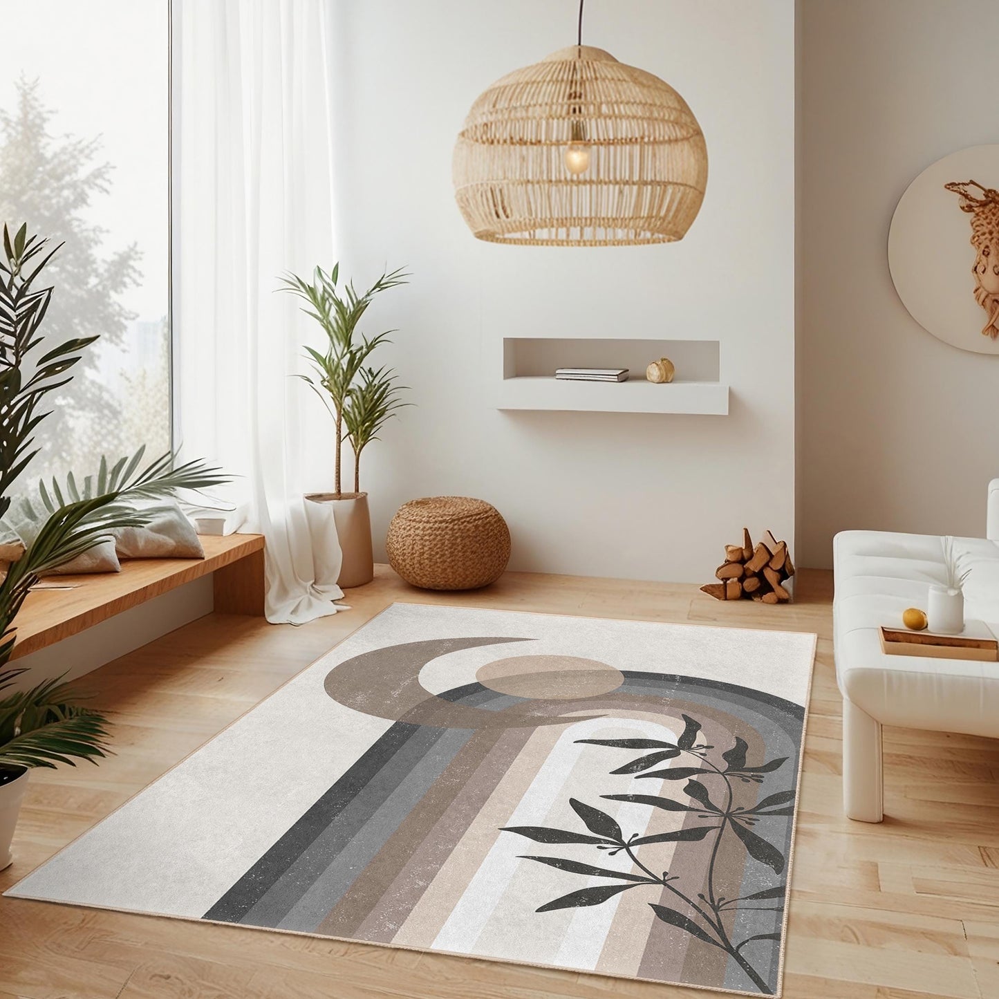 Rechteckiger Teppich mit abstraktem Mond- und Blumenmuster, moderner geometrischer Teppich, dekorativer Teppich für den Innenbereich, Wohnzimmerdekoration, stilvolles Wohnaccessoire