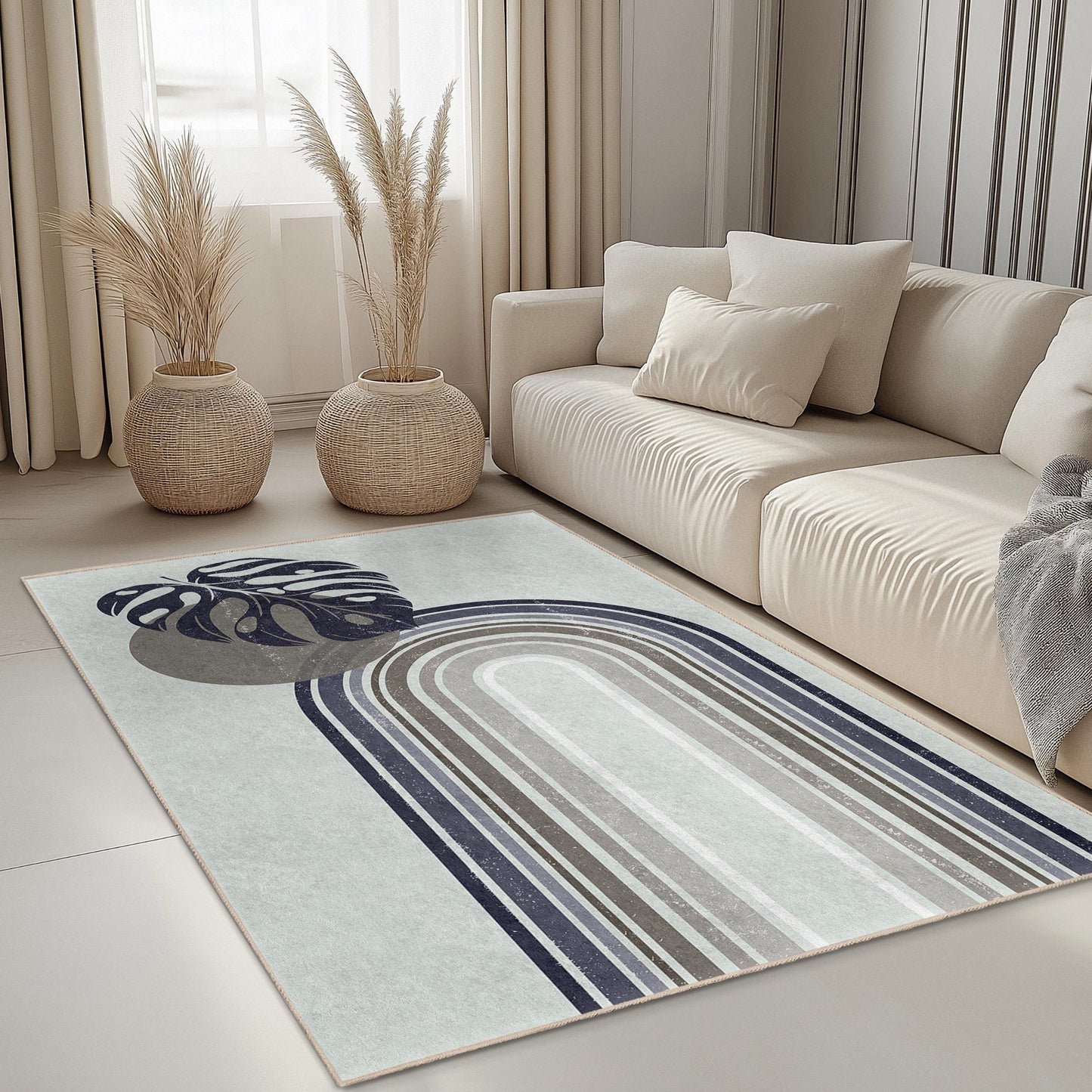 Rechteckiger Teppich mit abstraktem Blattmuster, moderner Boho-Teppich, geometrisches Muster, Wohnzimmerdekoration, stilvolle Fußmatte