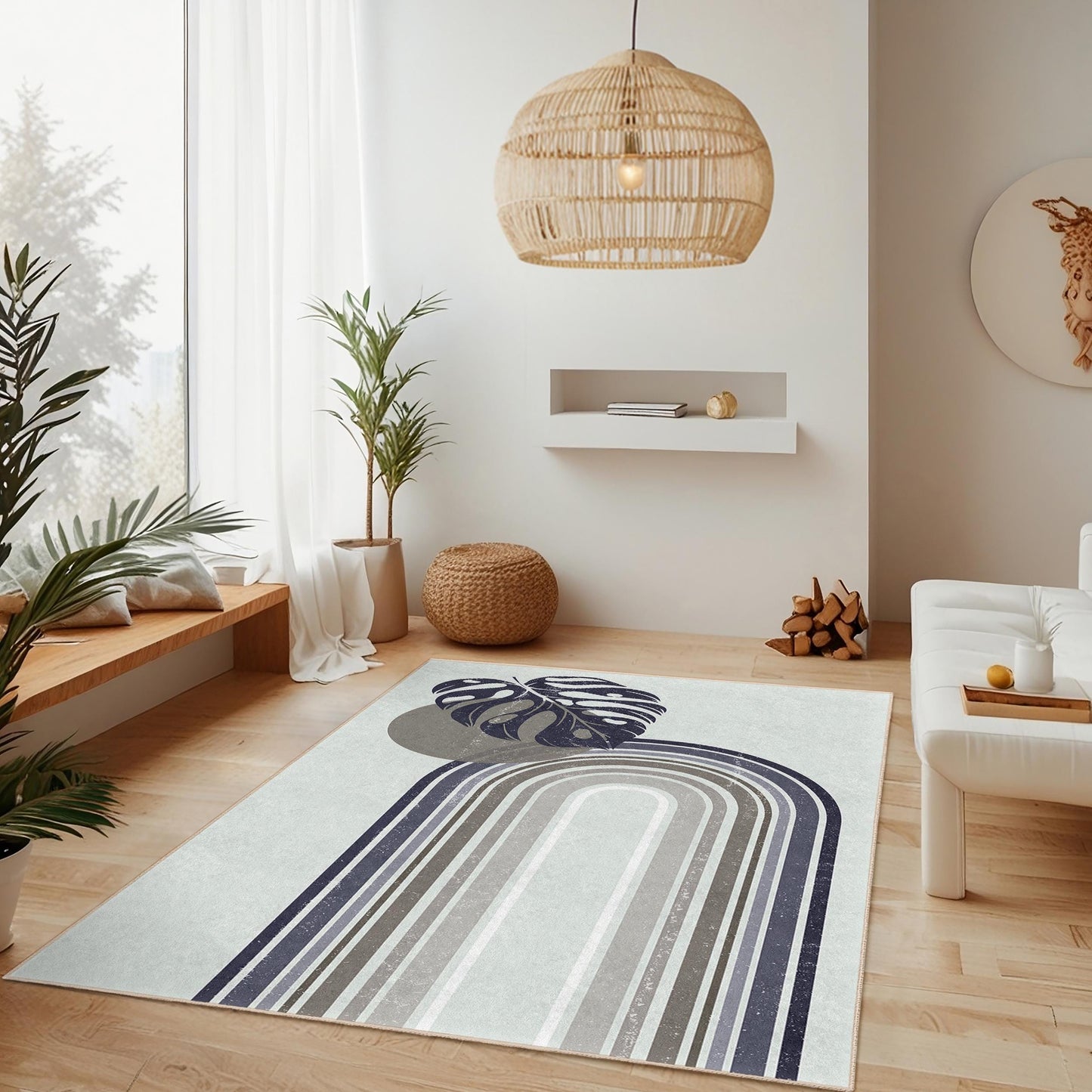 Rechteckiger Teppich mit abstraktem Blattmuster, moderner Boho-Teppich, geometrisches Muster, Wohnzimmerdekoration, stilvolle Fußmatte
