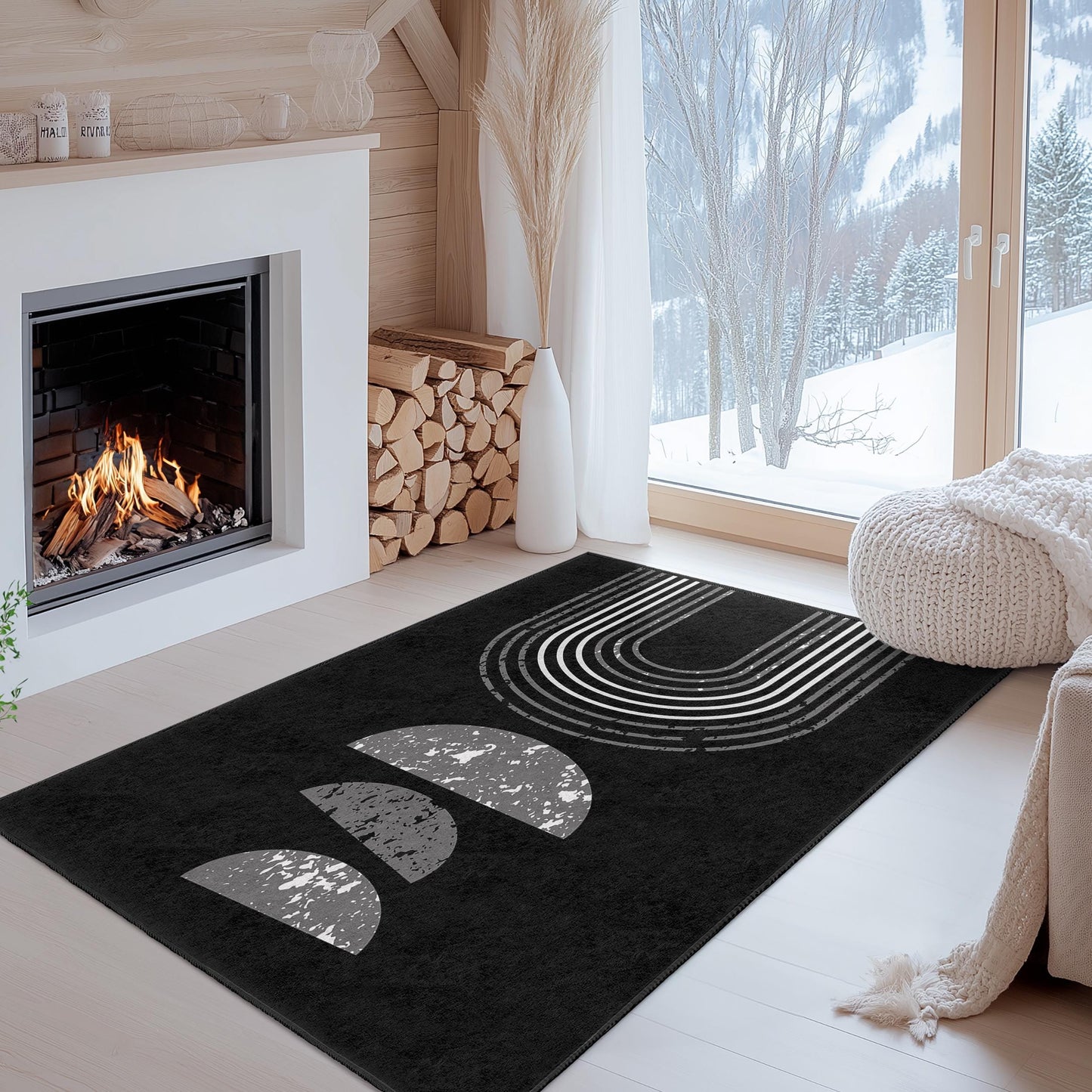 Moderner geometrischer rechteckiger Teppich, stilvoller schwarz-weißer Teppich, zeitgenössische Wohndekoration, Wohnzimmerteppich, abstrakter Designteppich