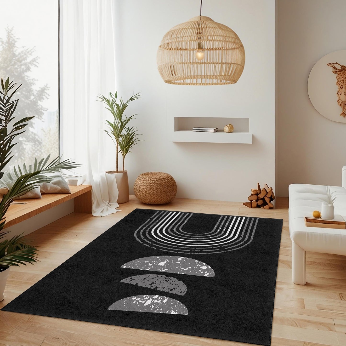 Moderner geometrischer rechteckiger Teppich, stilvoller schwarz-weißer Teppich, zeitgenössische Wohndekoration, Wohnzimmerteppich, abstrakter Designteppich