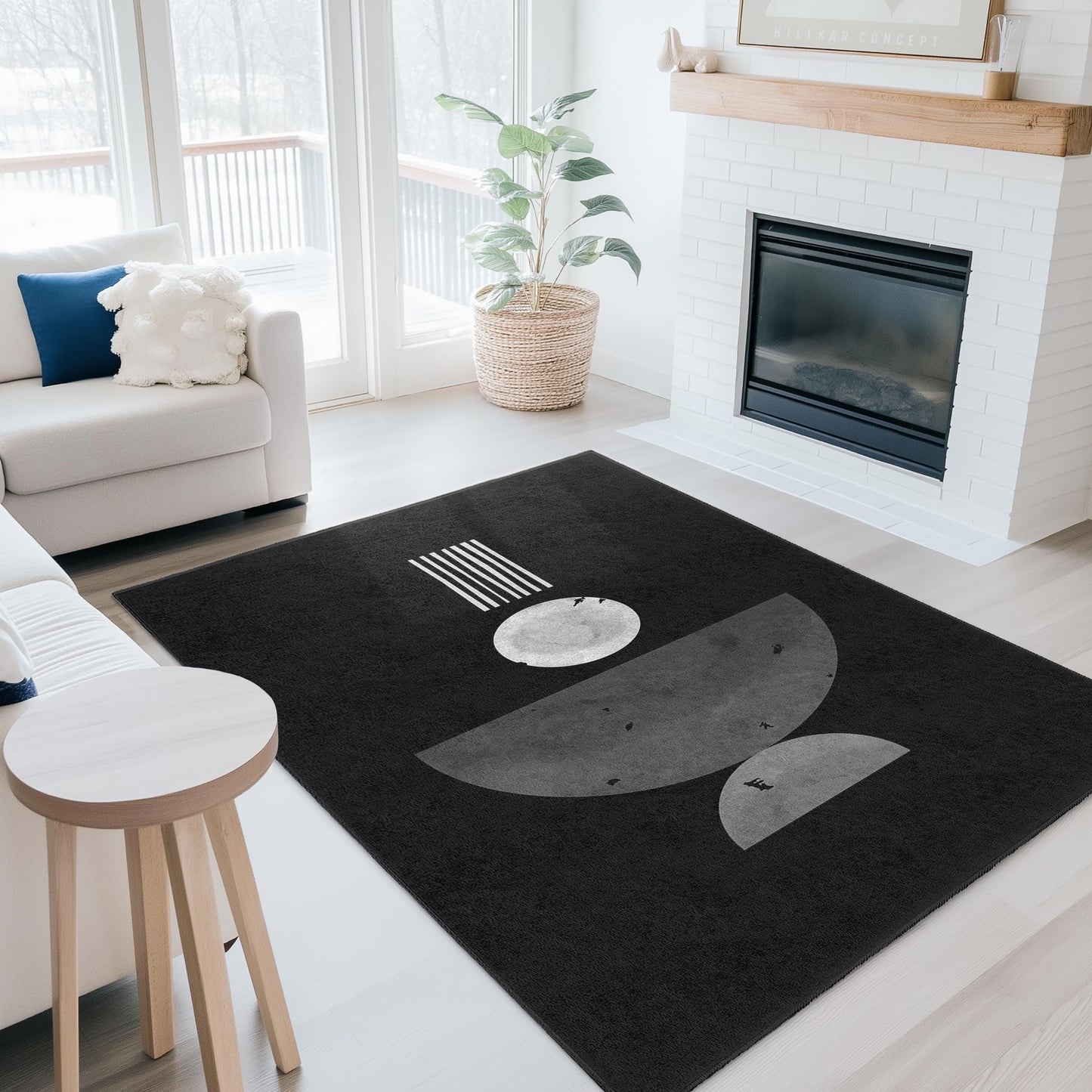 Moderner geometrischer abstrakter Teppich, rechteckiger schwarz-weißer Teppich, stilvolle Wohnzimmerdekoration, zeitgenössischer Heimteppich, einzigartiger Bodenbelag
