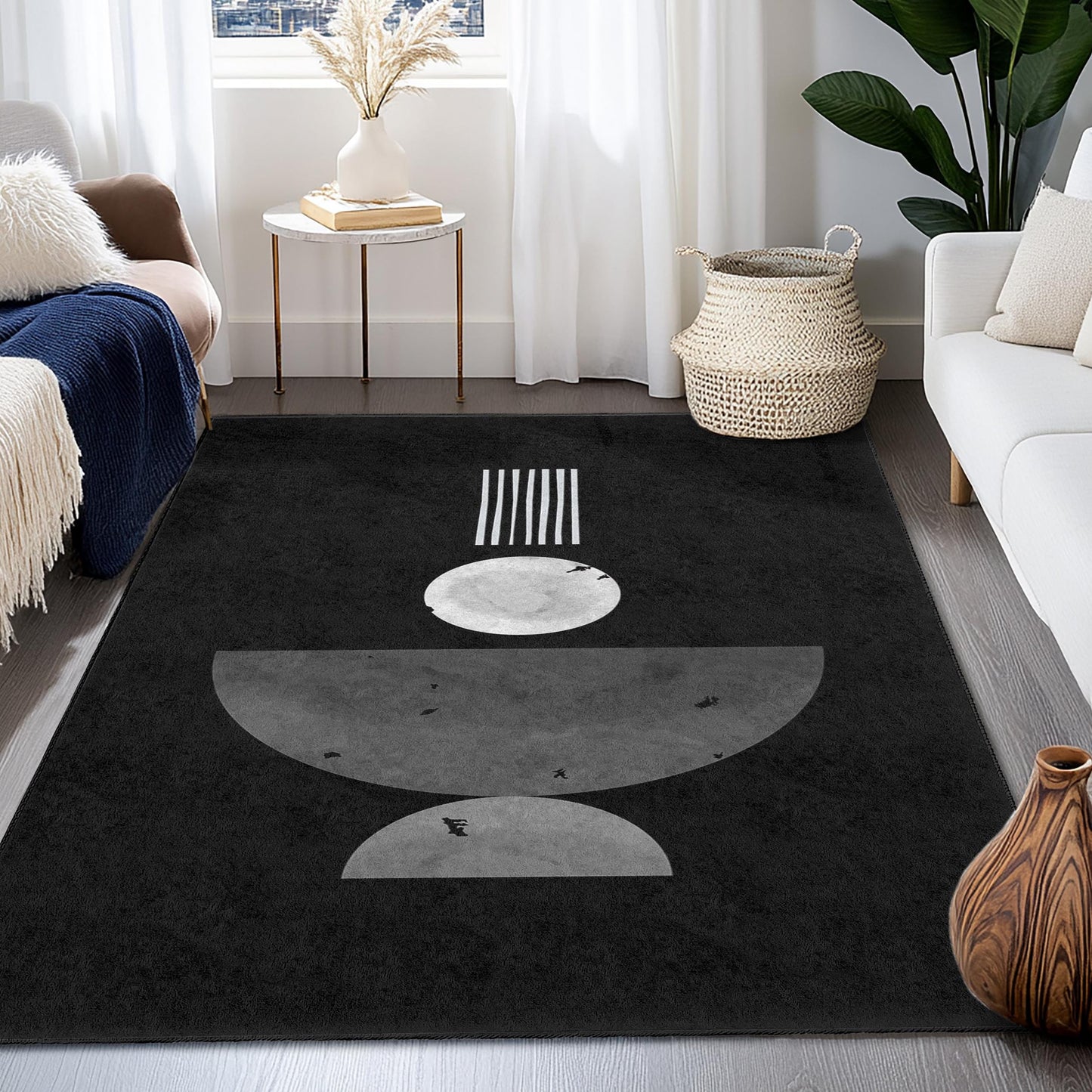Moderner geometrischer abstrakter Teppich, rechteckiger schwarz-weißer Teppich, stilvolle Wohnzimmerdekoration, zeitgenössischer Heimteppich, einzigartiger Bodenbelag