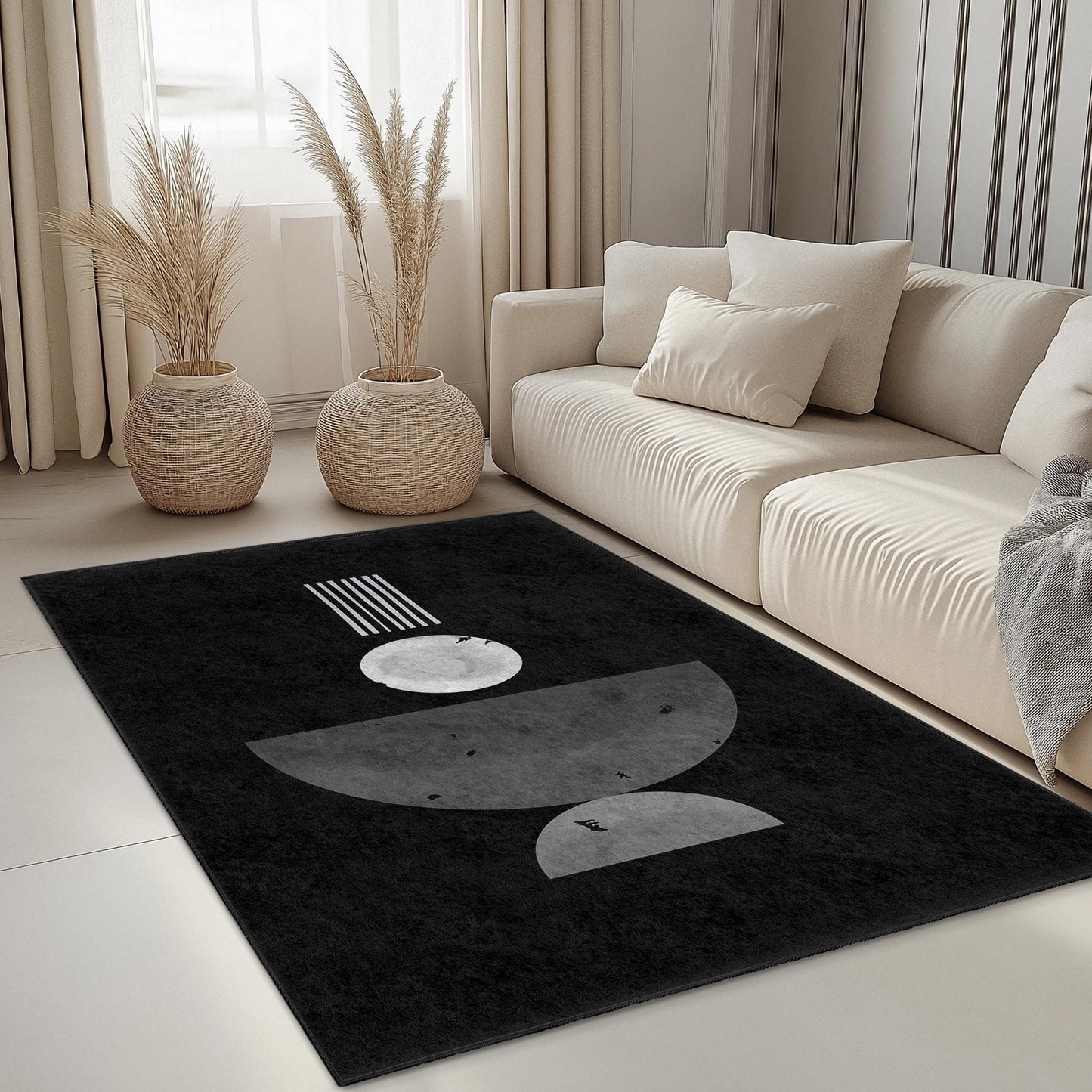Moderner geometrischer abstrakter Teppich, rechteckiger schwarz-weißer Teppich, stilvolle Wohnzimmerdekoration, zeitgenössischer Heimteppich, einzigartiger Bodenbelag