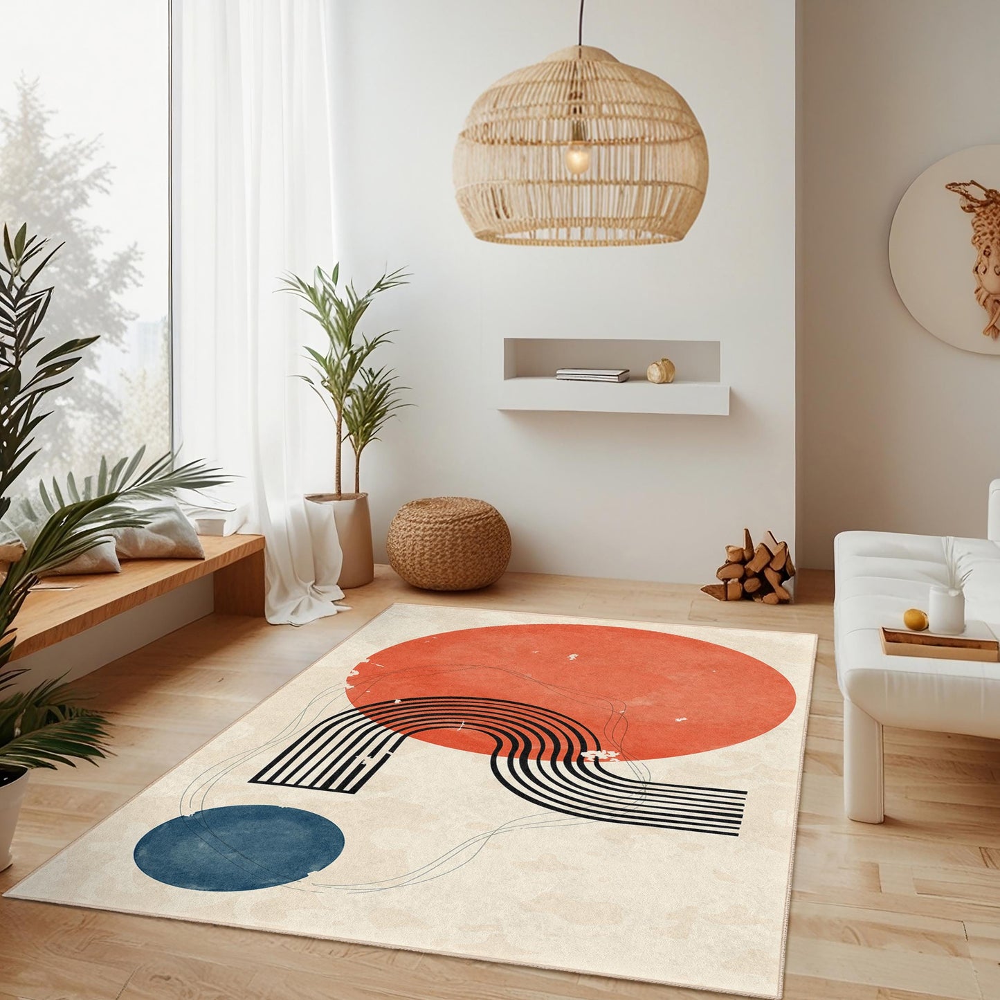 Abstrakter geometrischer Rechteckteppich, moderner Kunstteppich, Boho-Dekor-Teppich, stilvoller Bodenbelag, zeitgenössischer Designteppich