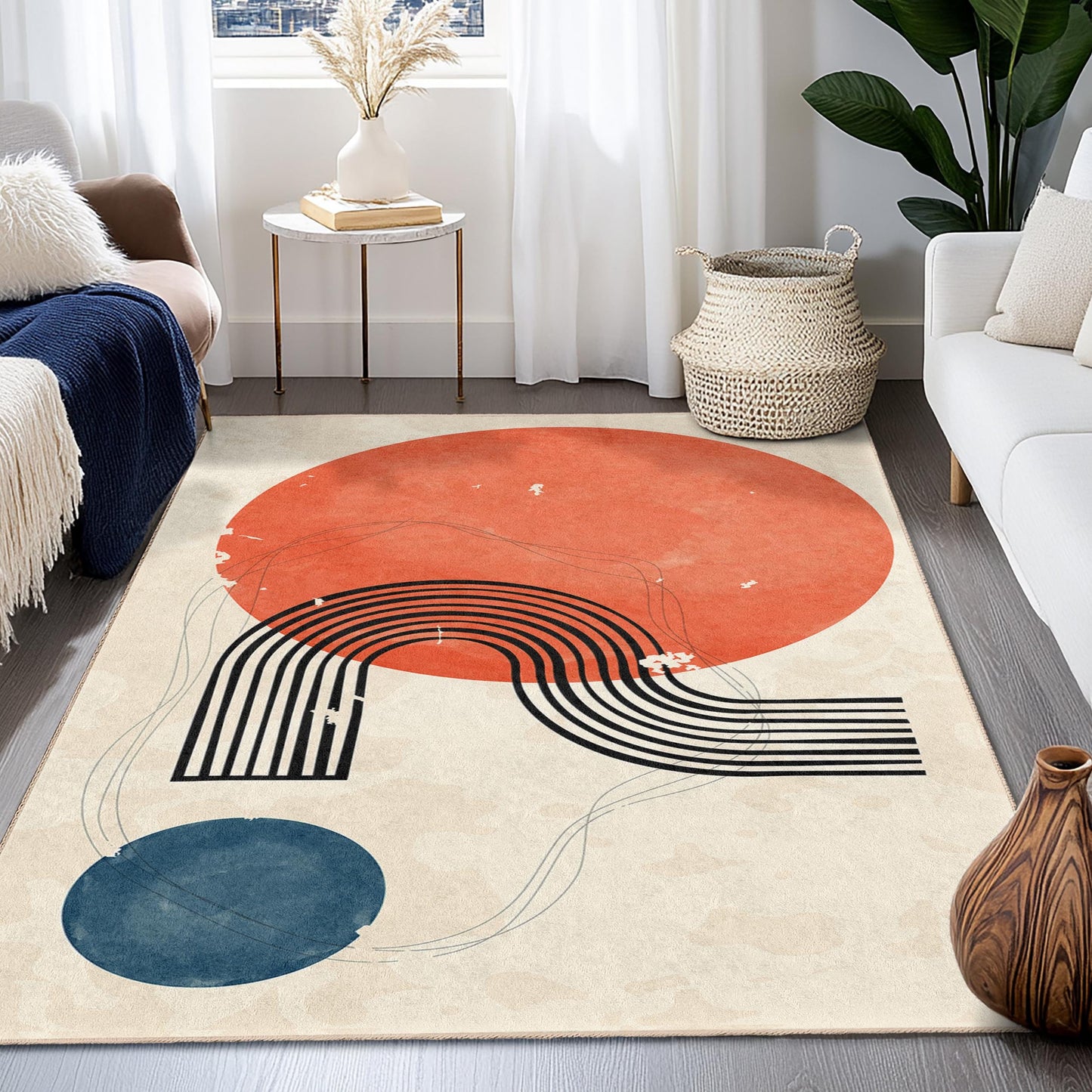 Abstrakter geometrischer Rechteckteppich, moderner Kunstteppich, Boho-Dekor-Teppich, stilvoller Bodenbelag, zeitgenössischer Designteppich