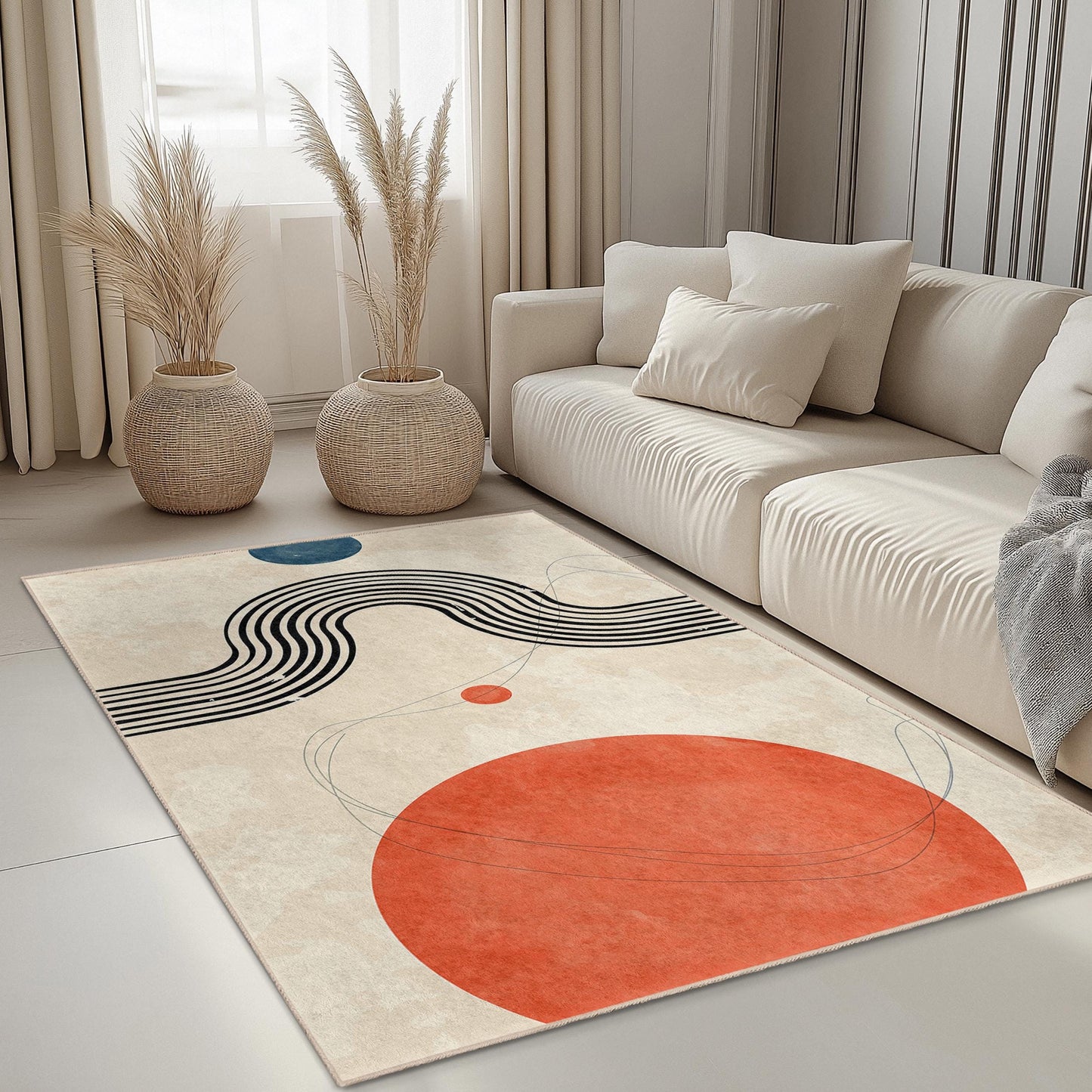Teppich mit abstraktem Linien- und Formenmuster, moderner rechteckiger Wohnzimmerteppich, Boho-Stil, stilvolle Fußmatte