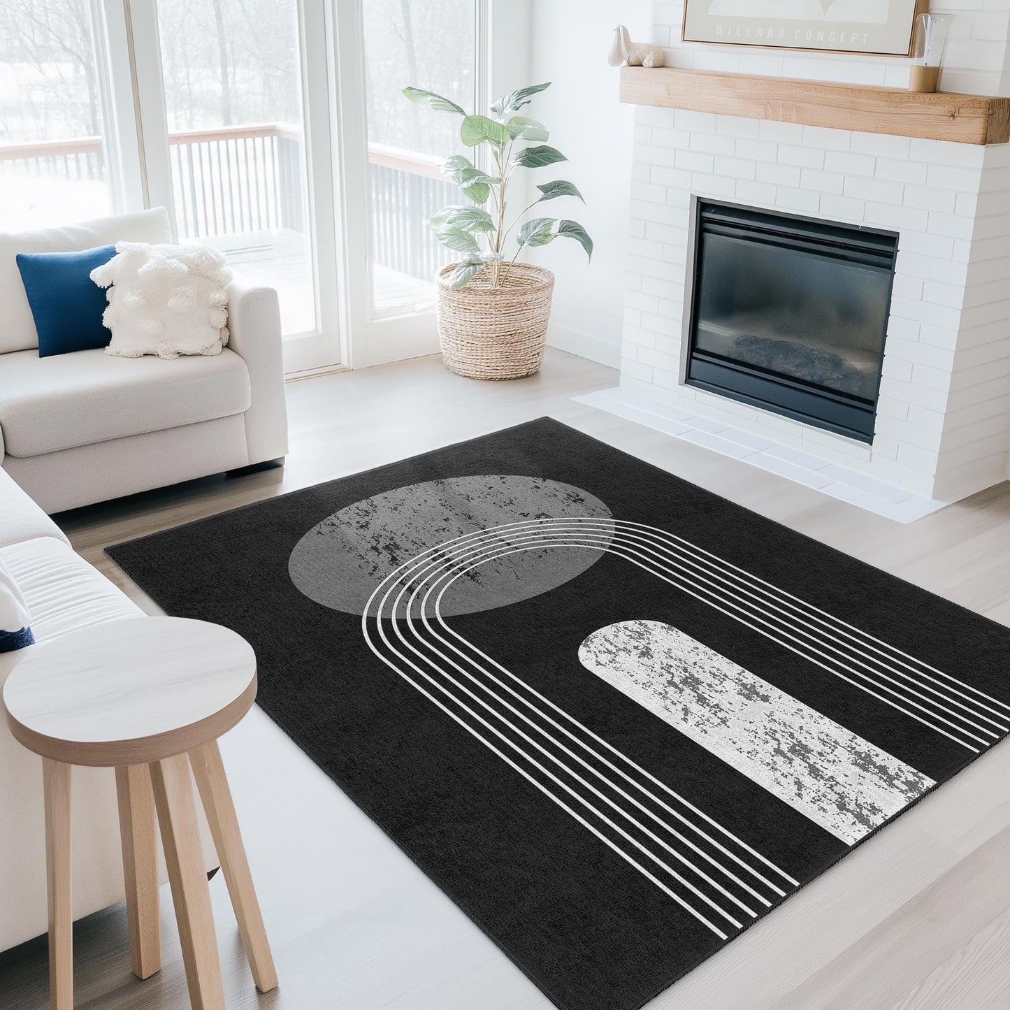 Moderner abstrakter rechteckiger Teppich, schwarz-weißer geometrischer Teppich, minimalistische Wohndekoration, stilvoller Wohnzimmerteppich, Blickfang