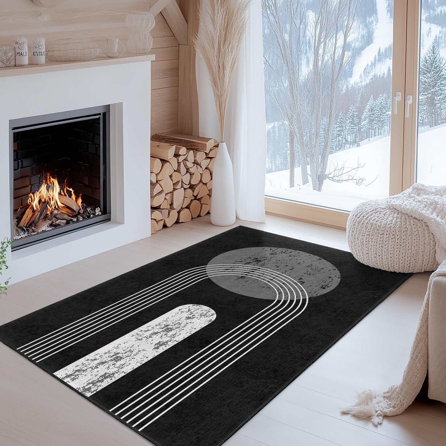 Moderner abstrakter rechteckiger Teppich, schwarz-weißer geometrischer Teppich, minimalistische Wohndekoration, stilvoller Wohnzimmerteppich, Blickfang