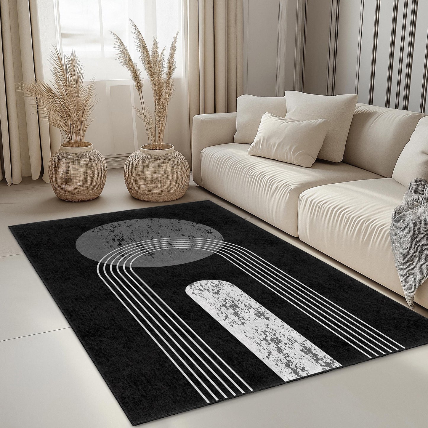 Modern Abstract Rectangular Area Rug, Black and White Geometric Rug, Minimalist Home Decor, Stylish Living Room Carpet, Statement Piece