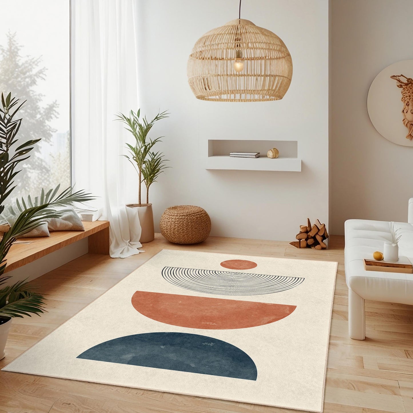 Geometrischer Teppich mit Kreisen und Halbkreisen, moderner rechteckiger Dekoteppich, Wohnzimmerteppich, Boho-Dekoration, weiche Fußmatte