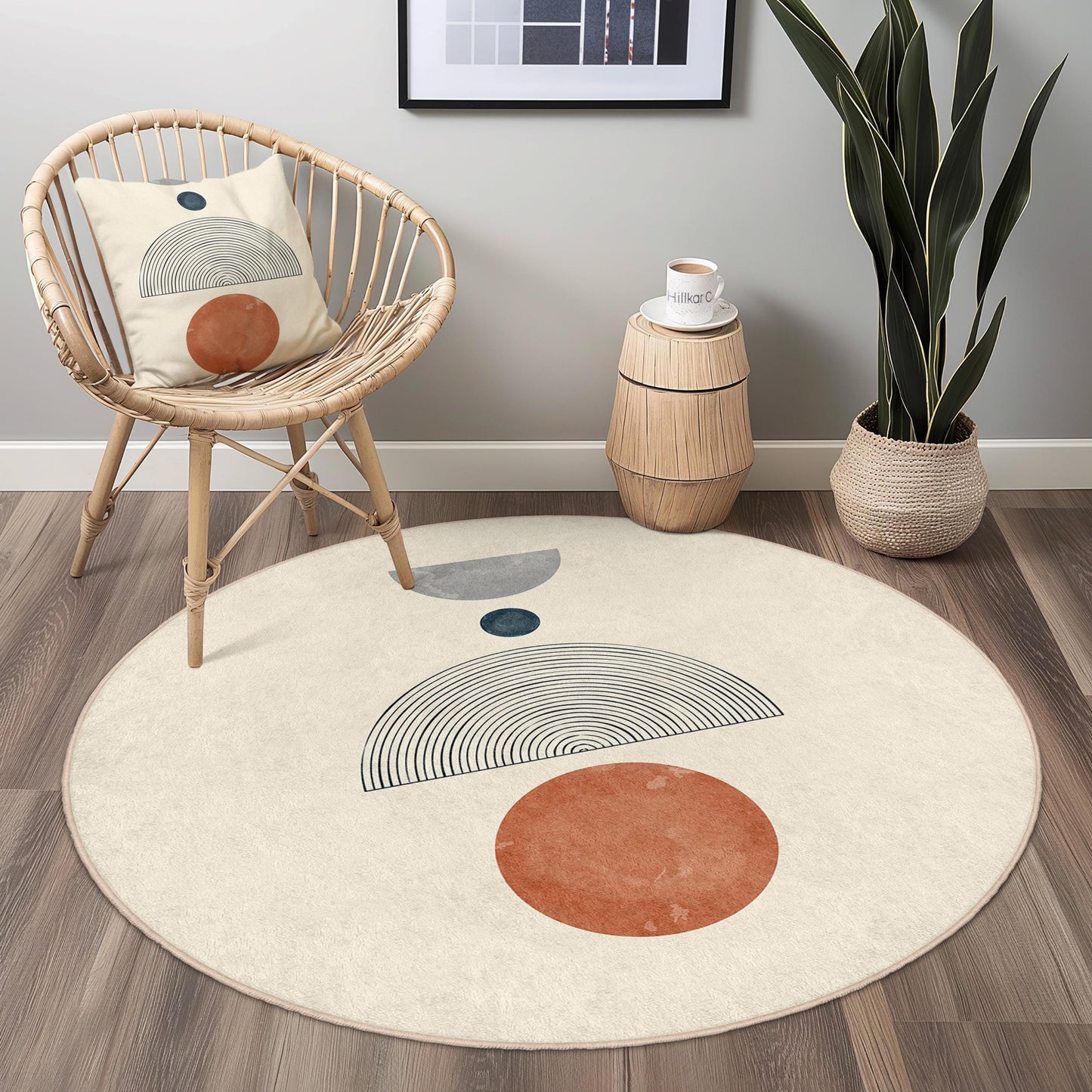 Moderner, abstrakter runder Teppich, geometrisches Kreisdesign, weicher Wohnzimmerteppich, runde Matte im Boho-Stil, stilvolles Wohnaccessoire