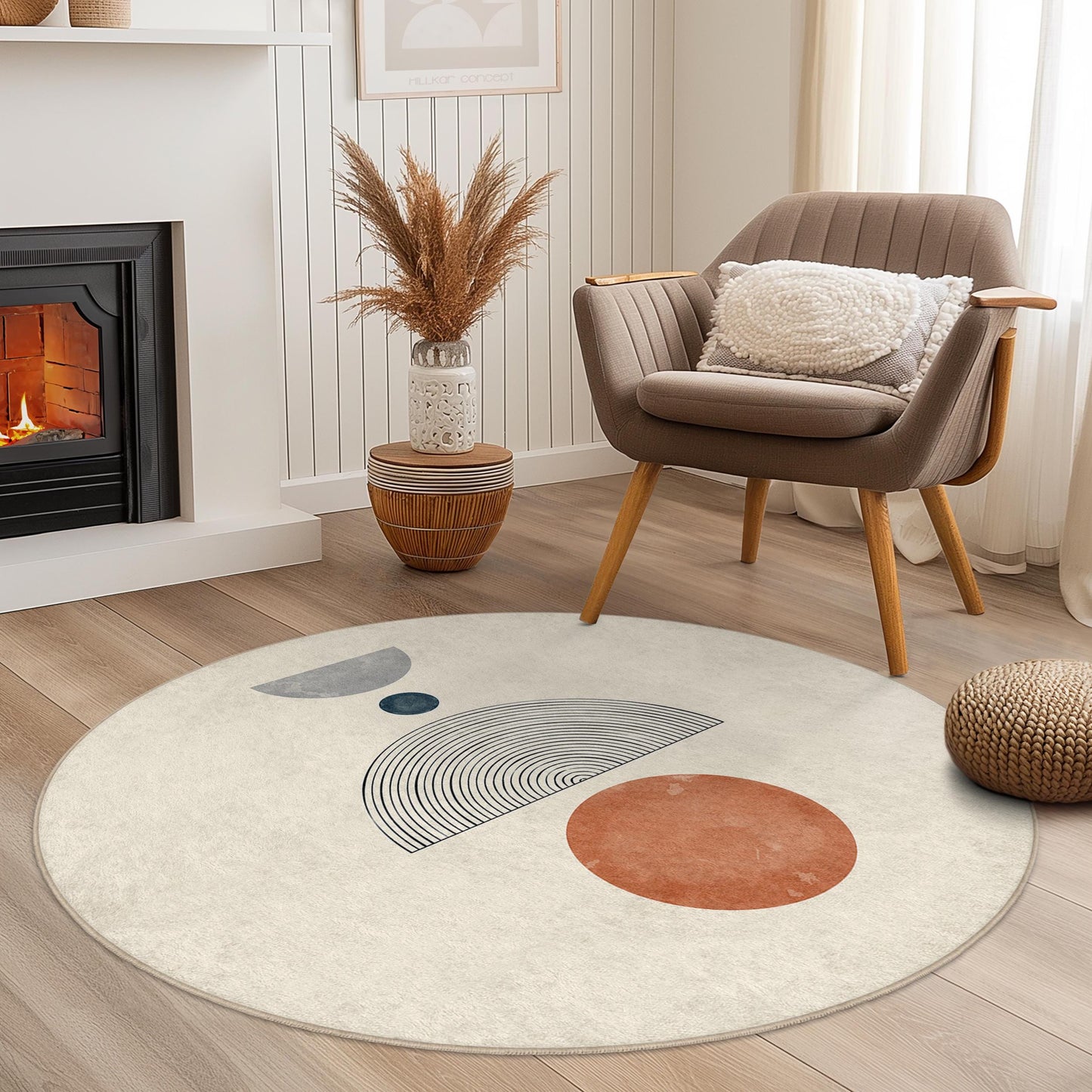Moderner, abstrakter runder Teppich, geometrisches Kreisdesign, weicher Wohnzimmerteppich, runde Matte im Boho-Stil, stilvolles Wohnaccessoire