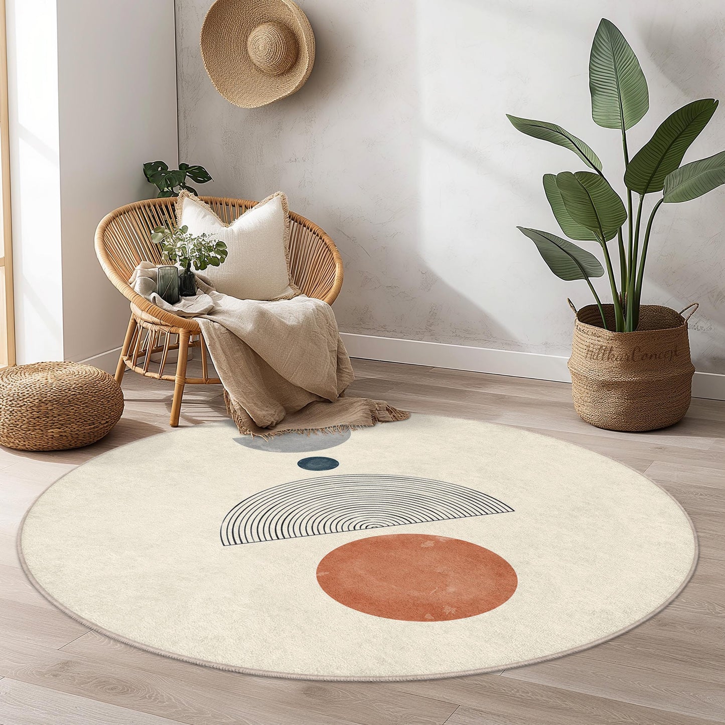 Moderner, abstrakter runder Teppich, geometrisches Kreisdesign, weicher Wohnzimmerteppich, runde Matte im Boho-Stil, stilvolles Wohnaccessoire