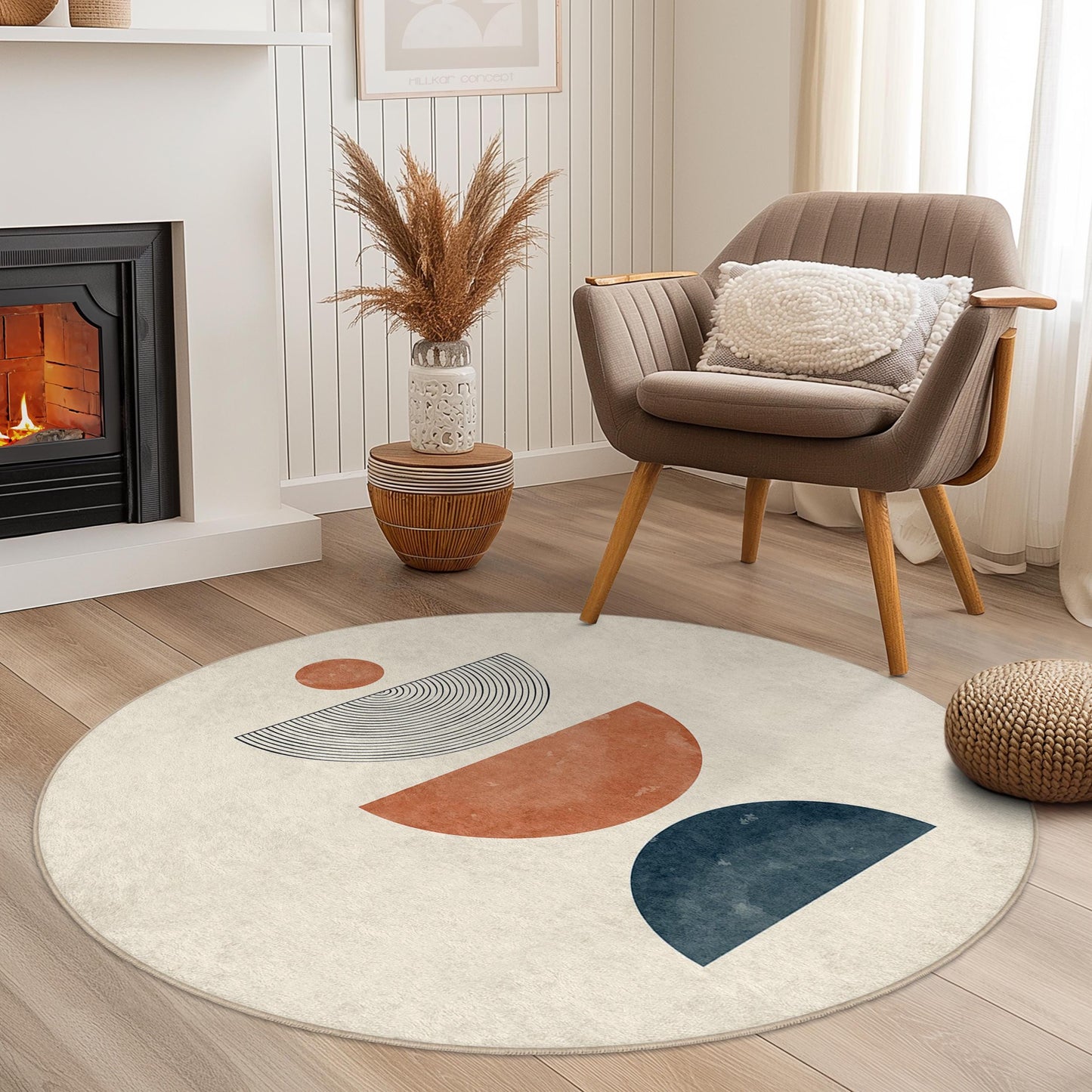 Boho-Rundteppich, geometrischer runder Teppich fürs Wohnzimmer, moderner Bohème-Fußteppich, stilvoller Dekoteppich, weicher und gemütlicher Teppich