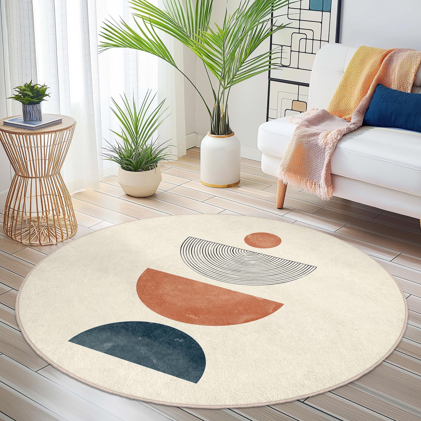 Boho-Rundteppich, geometrischer runder Teppich fürs Wohnzimmer, moderner Bohème-Fußteppich, stilvoller Dekoteppich, weicher und gemütlicher Teppich