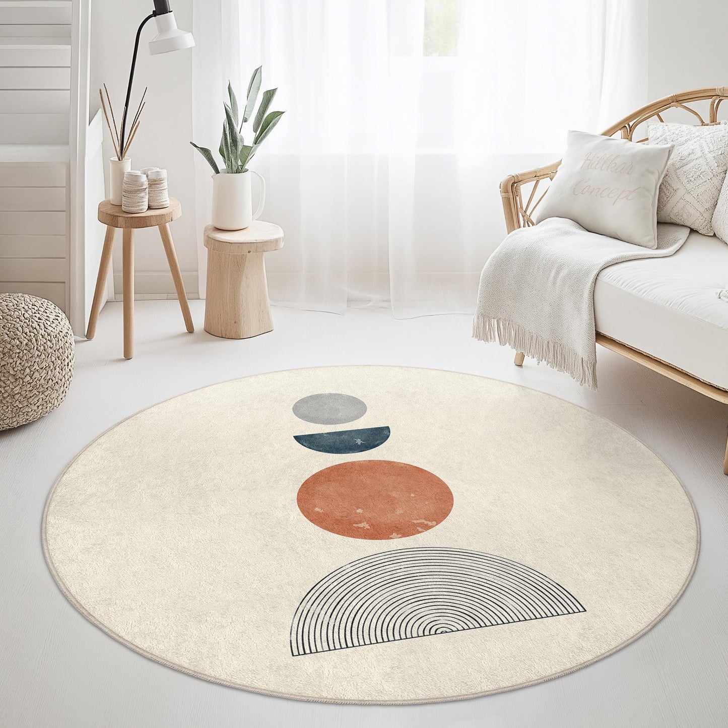 Abstrakter runder Teppich, moderner runder Teppich, Wohnaccessoire im Bohème-Stil, weiche runde Matte, einzigartiger Wohnzimmerteppich, stilvoller runder Bodenbelag