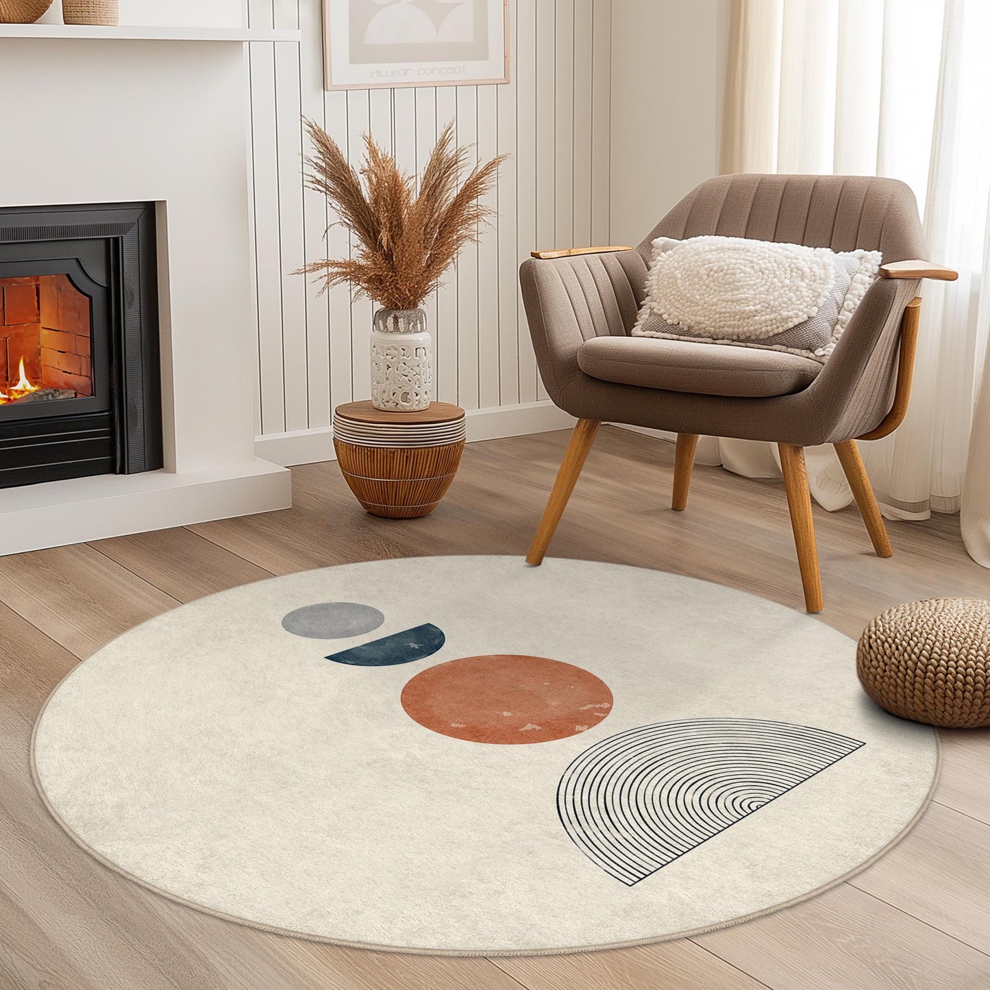 Abstrakter runder Teppich, moderner runder Teppich, Wohnaccessoire im Bohème-Stil, weiche runde Matte, einzigartiger Wohnzimmerteppich, stilvoller runder Bodenbelag