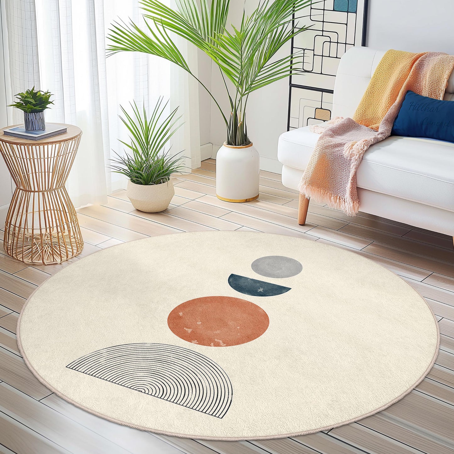 Abstrakter runder Teppich, moderner runder Teppich, Wohnaccessoire im Bohème-Stil, weiche runde Matte, einzigartiger Wohnzimmerteppich, stilvoller runder Bodenbelag