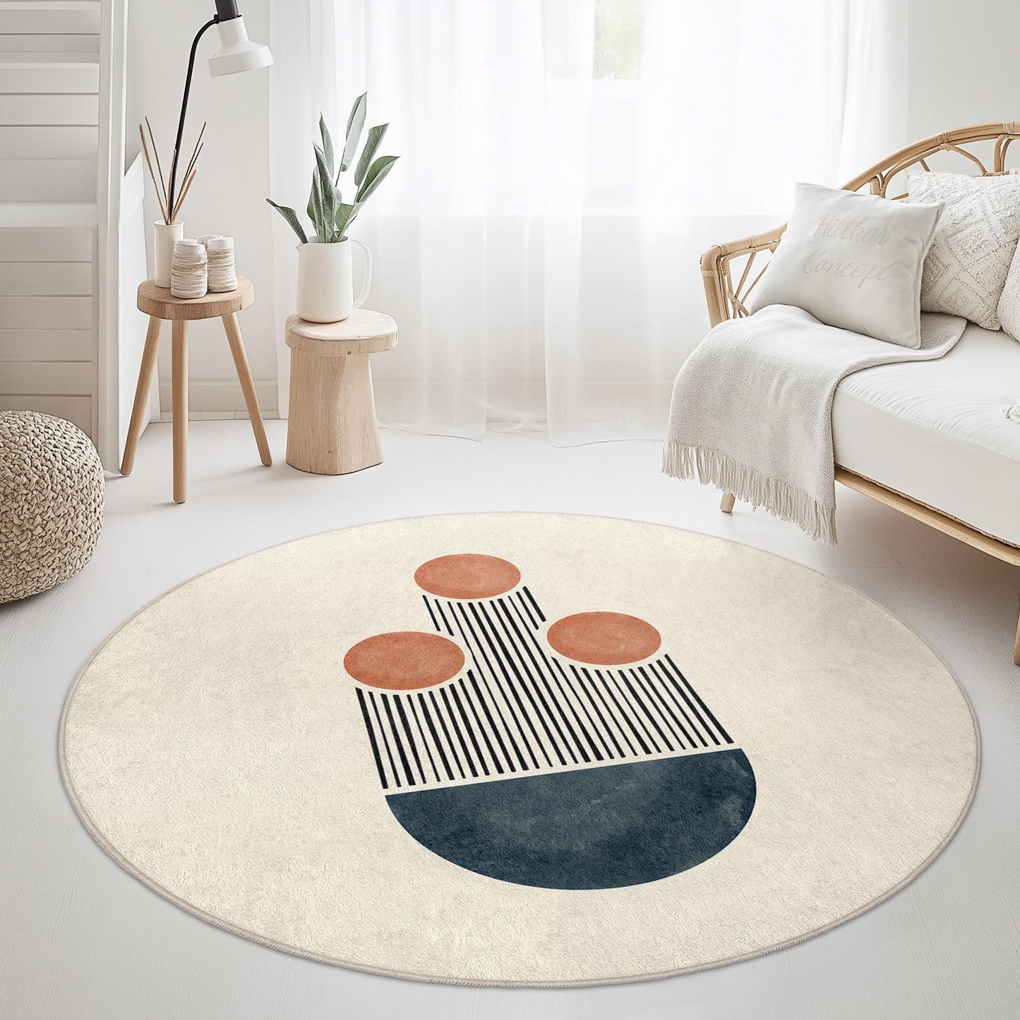 Abstrakter runder Teppich, moderner runder Teppich, runder Boho-Teppich, geometrische Wohndekoration, Wohnzimmerteppich, einzigartige Fußmatte