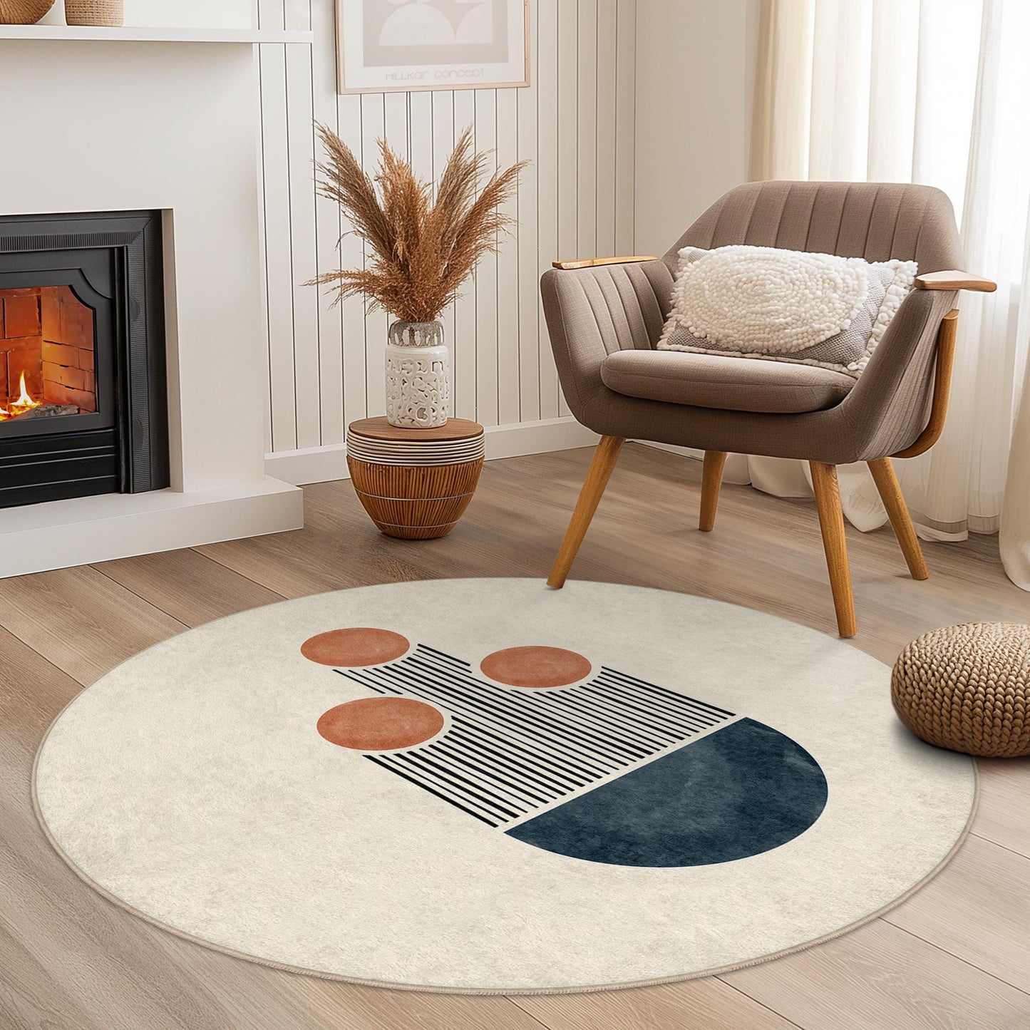 Abstrakter runder Teppich, moderner runder Teppich, runder Boho-Teppich, geometrische Wohndekoration, Wohnzimmerteppich, einzigartige Fußmatte