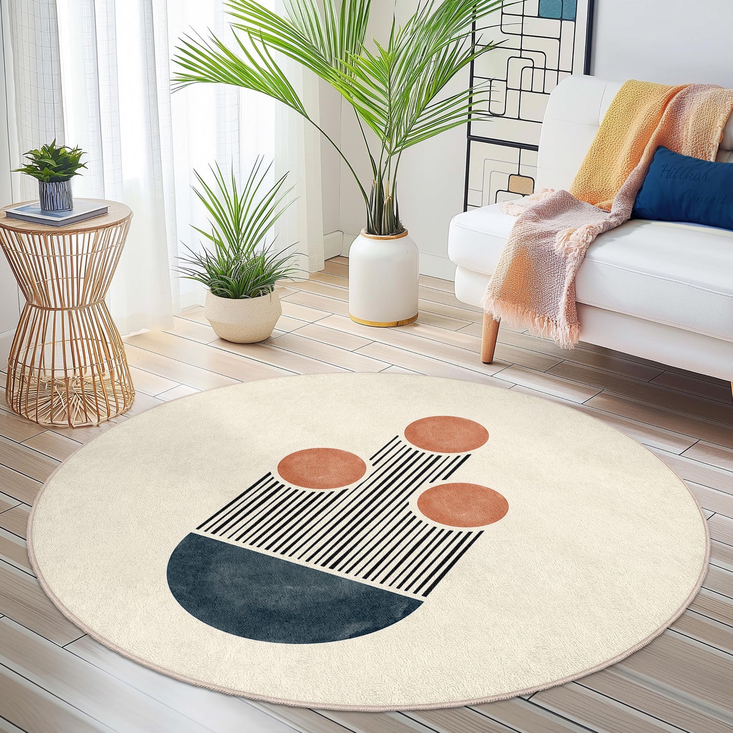 Abstrakter runder Teppich, moderner runder Teppich, runder Boho-Teppich, geometrische Wohndekoration, Wohnzimmerteppich, einzigartige Fußmatte