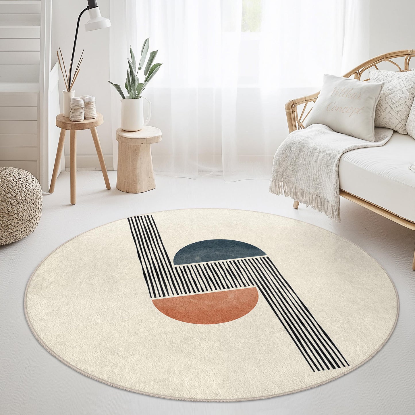 Moderner geometrischer runder Teppich, minimalistischer Kreisteppich, abstraktes Design, stilvolle Wohndekoration, Wohnzimmerteppich