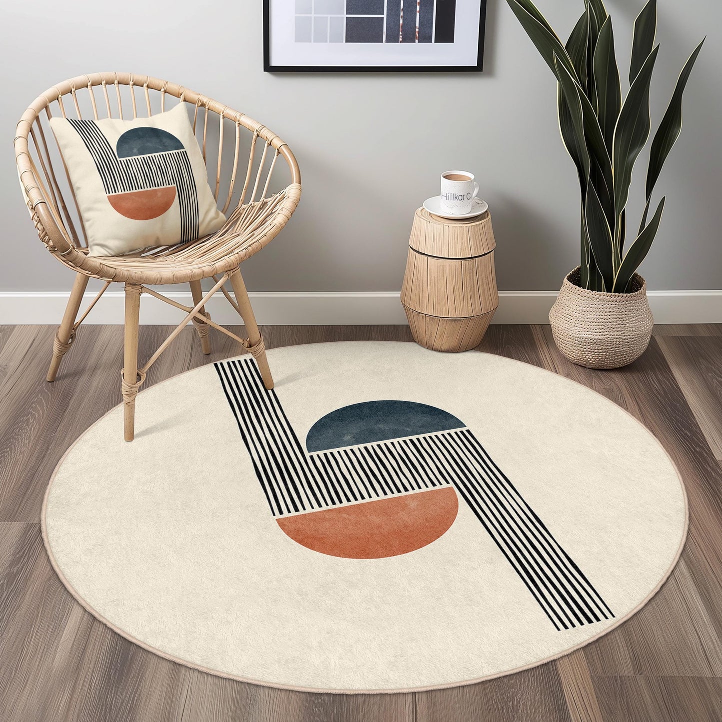 Moderner geometrischer runder Teppich, minimalistischer Kreisteppich, abstraktes Design, stilvolle Wohndekoration, Wohnzimmerteppich