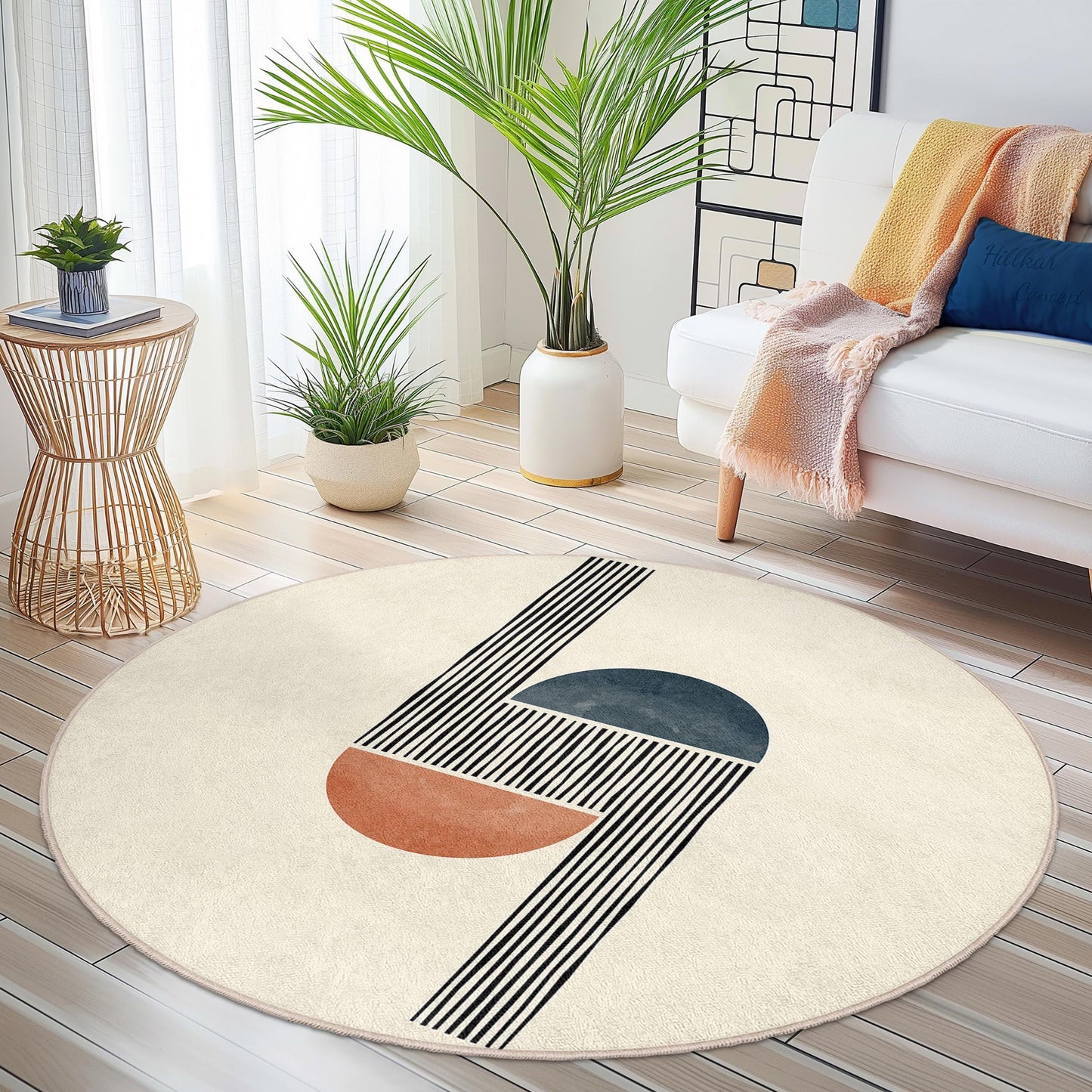 Moderner geometrischer runder Teppich, minimalistischer Kreisteppich, abstraktes Design, stilvolle Wohndekoration, Wohnzimmerteppich