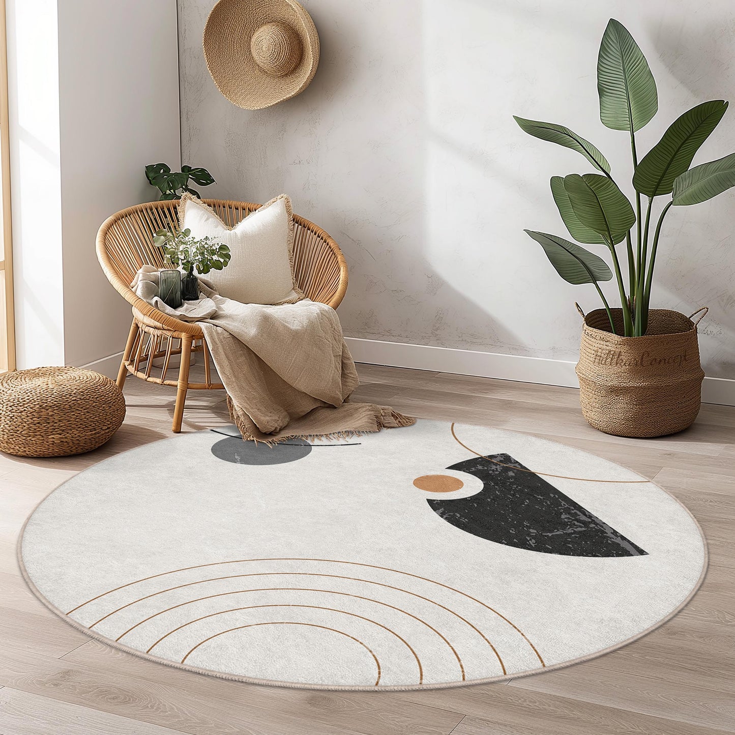 Abstrakter runder Teppich, moderner Kreisteppich, geometrische Fußmatte, stilvolle Wohndekoration, Wohnzimmerteppich, weicher runder Teppich