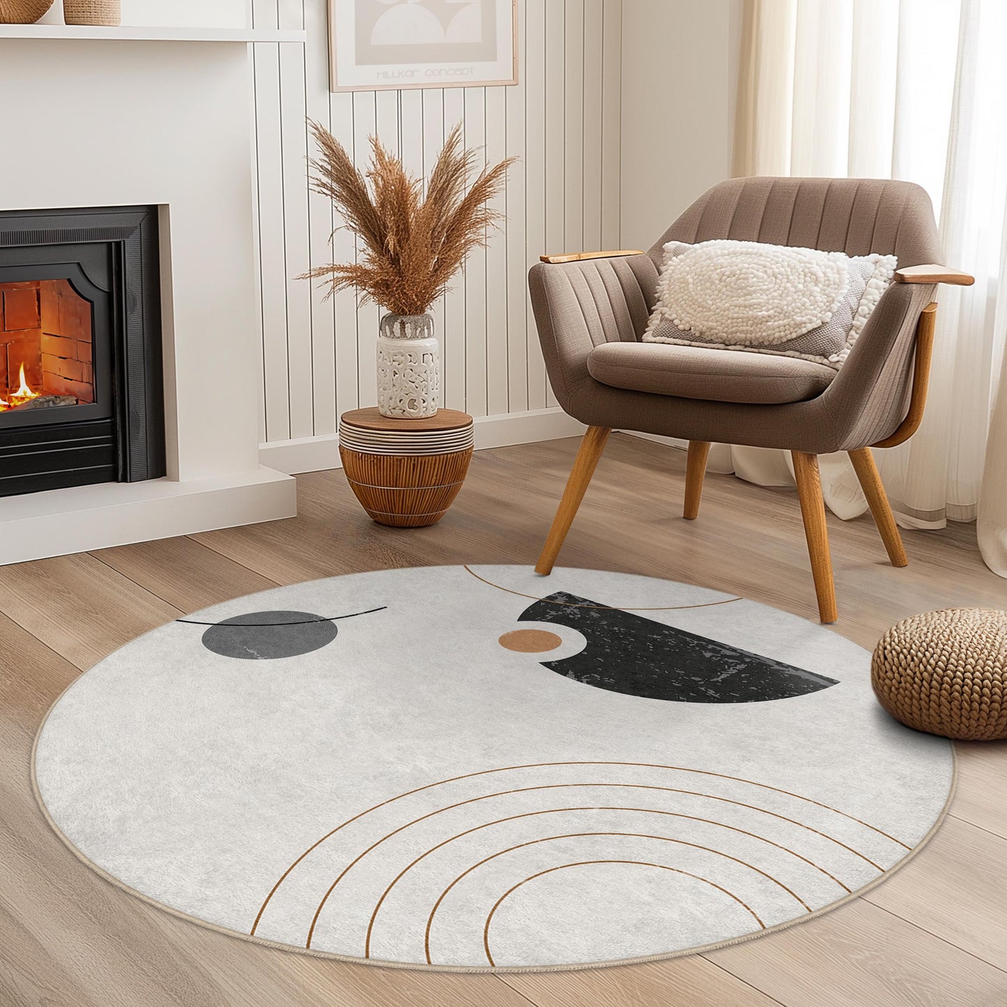 Abstrakter runder Teppich, moderner Kreisteppich, geometrische Fußmatte, stilvolle Wohndekoration, Wohnzimmerteppich, weicher runder Teppich