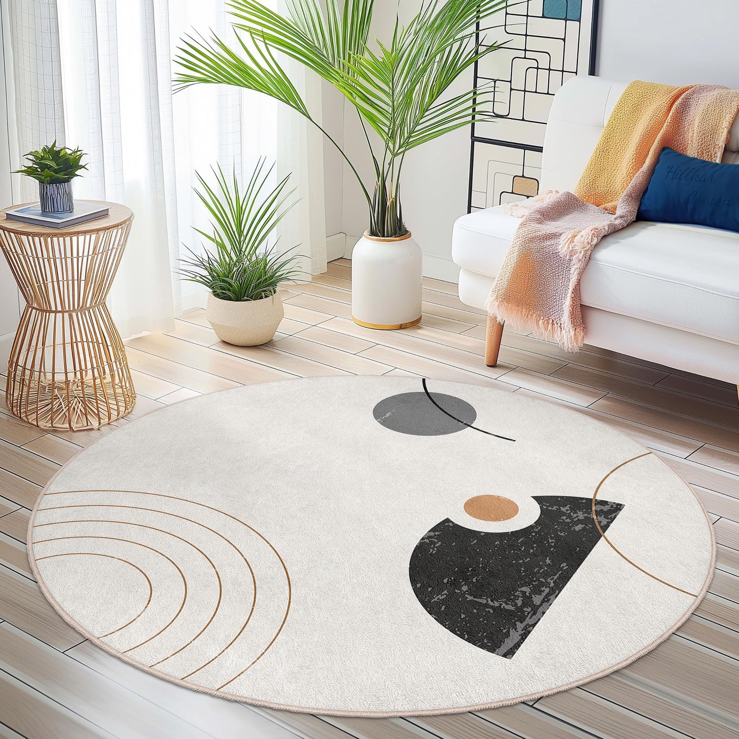 Abstrakter runder Teppich, moderner Kreisteppich, geometrische Fußmatte, stilvolle Wohndekoration, Wohnzimmerteppich, weicher runder Teppich