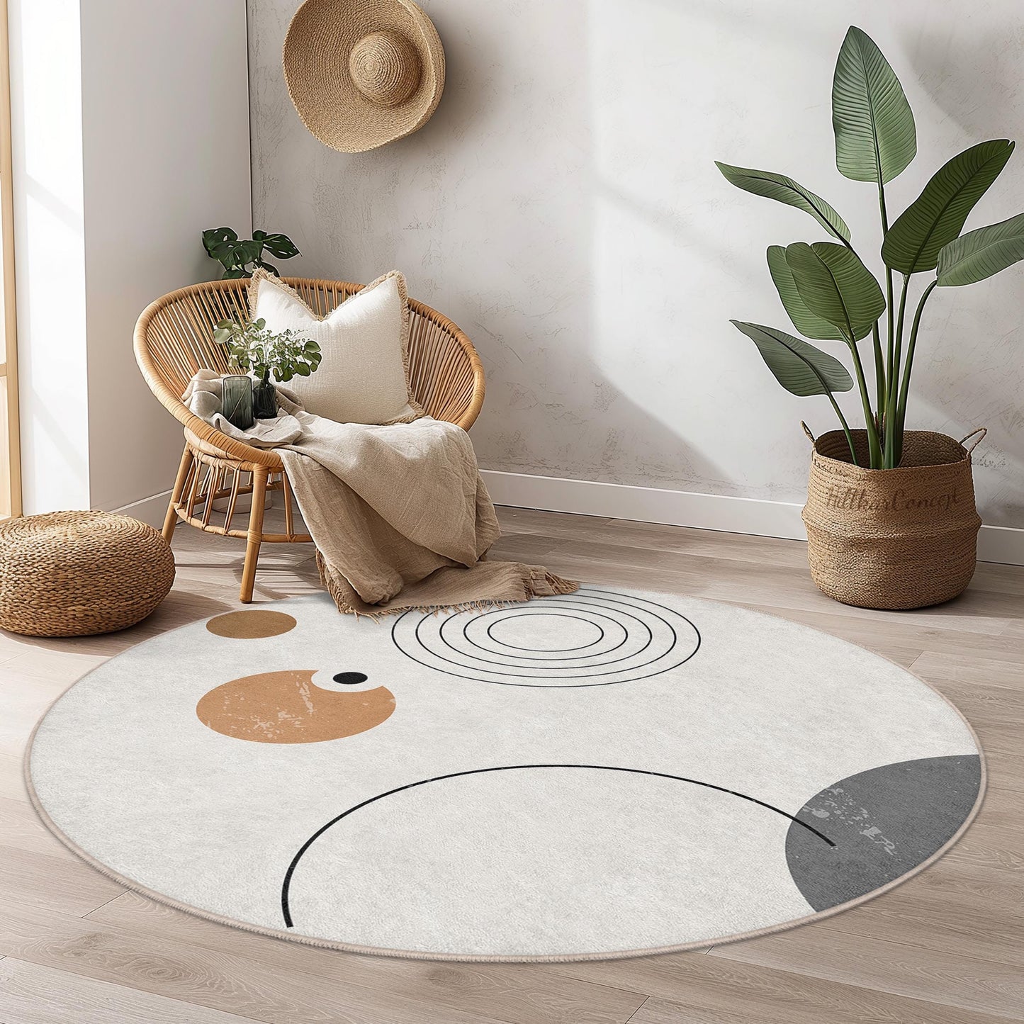 Abstrakter geometrischer runder Teppich, moderner runder Teppich, dekorativer runder Teppich für Zuhause, trendige Wohnzimmerdekoration, stilvolle Fußmatte