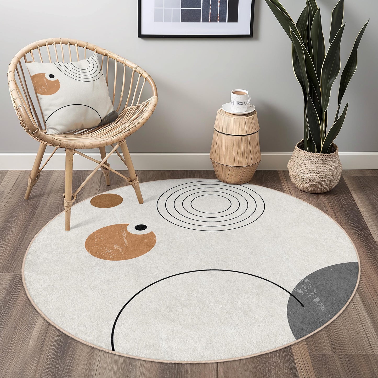 Abstrakter geometrischer runder Teppich, moderner runder Teppich, dekorativer runder Teppich für Zuhause, trendige Wohnzimmerdekoration, stilvolle Fußmatte
