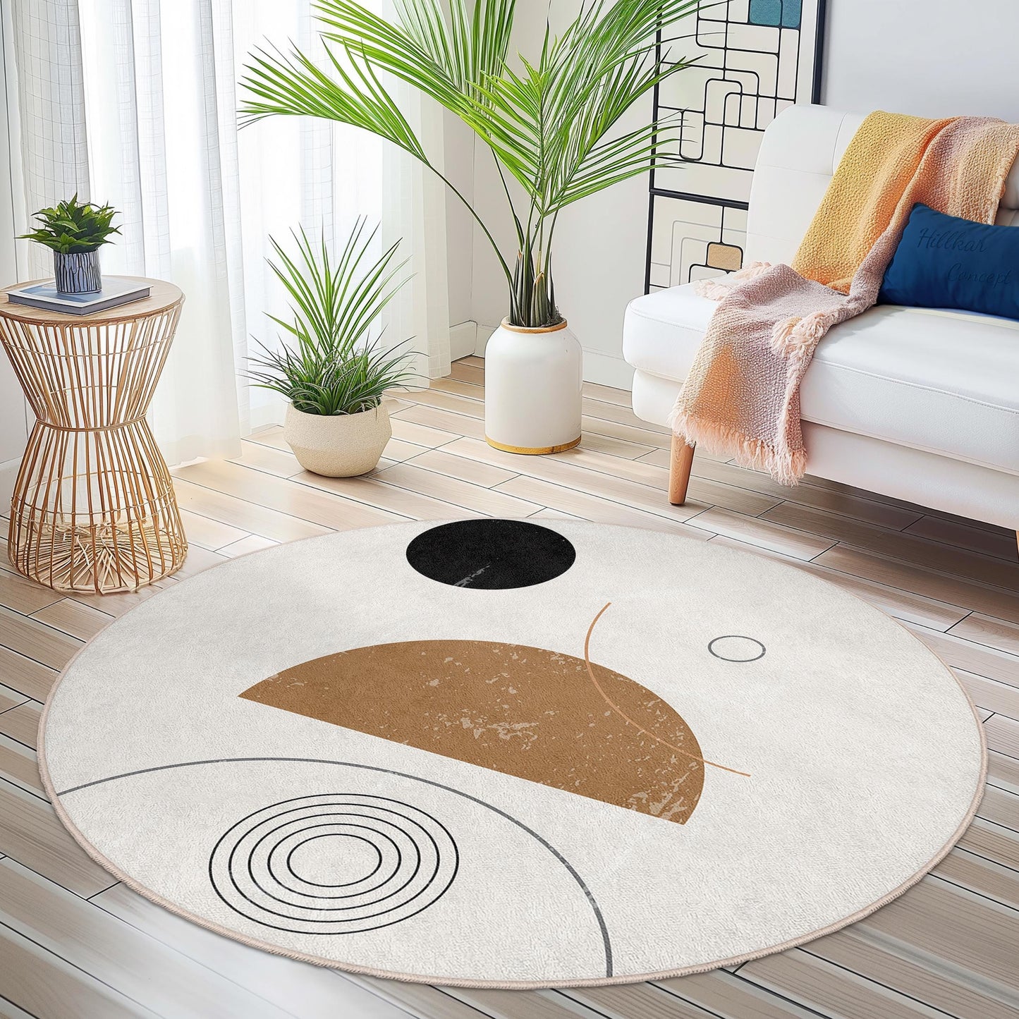 Teppich mit abstraktem Kreisdesign, moderner runder Teppich, minimalistische Wohndekoration, Matte mit geometrischem Muster, Wohnzimmer- oder Schlafzimmerteppich
